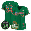 Women's Dodgers Mexico Fernando Memorial & 2024 World Series Patch Vapor Premier Limited Jersey V2 - All Stitched - Green, Fernando Valenzuela