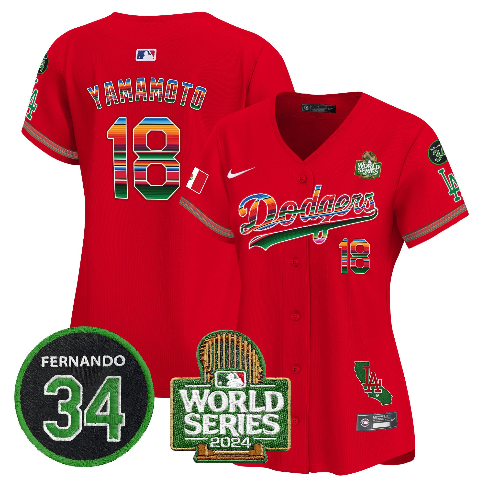 Women's Dodgers Mexico Fernando Memorial & 2024 World Series Patch Vapor Premier Limited Jersey V2 - All Stitched - Red, Yamamoto