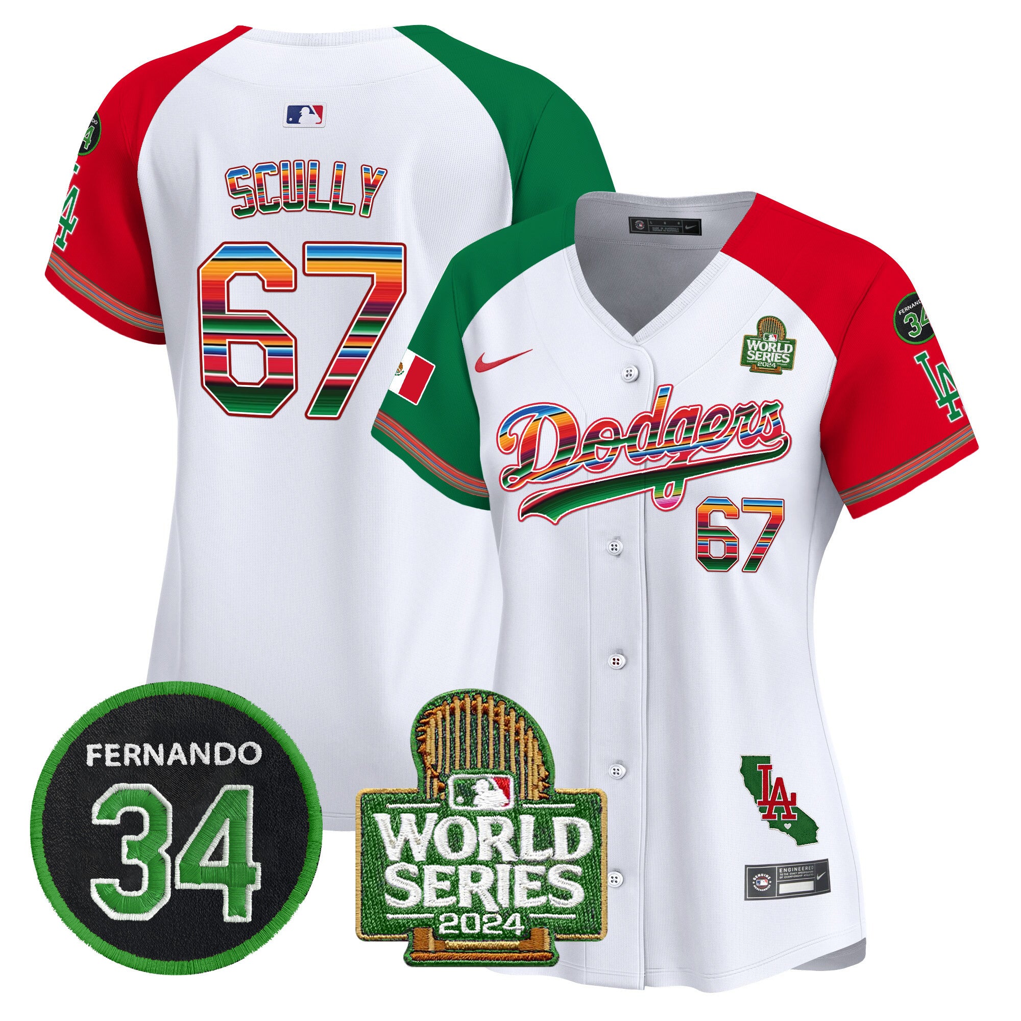 Women's Dodgers Mexico Fernando Memorial & 2024 World Series Patch Vapor Premier Limited Jersey V2 - All Stitched - Alternate, Vin Scully