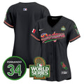 Women's Dodgers Mexico Fernando Memorial & 2024 World Series Patch Vapor Premier Limited Jersey V2 - All Stitched - Black, Team