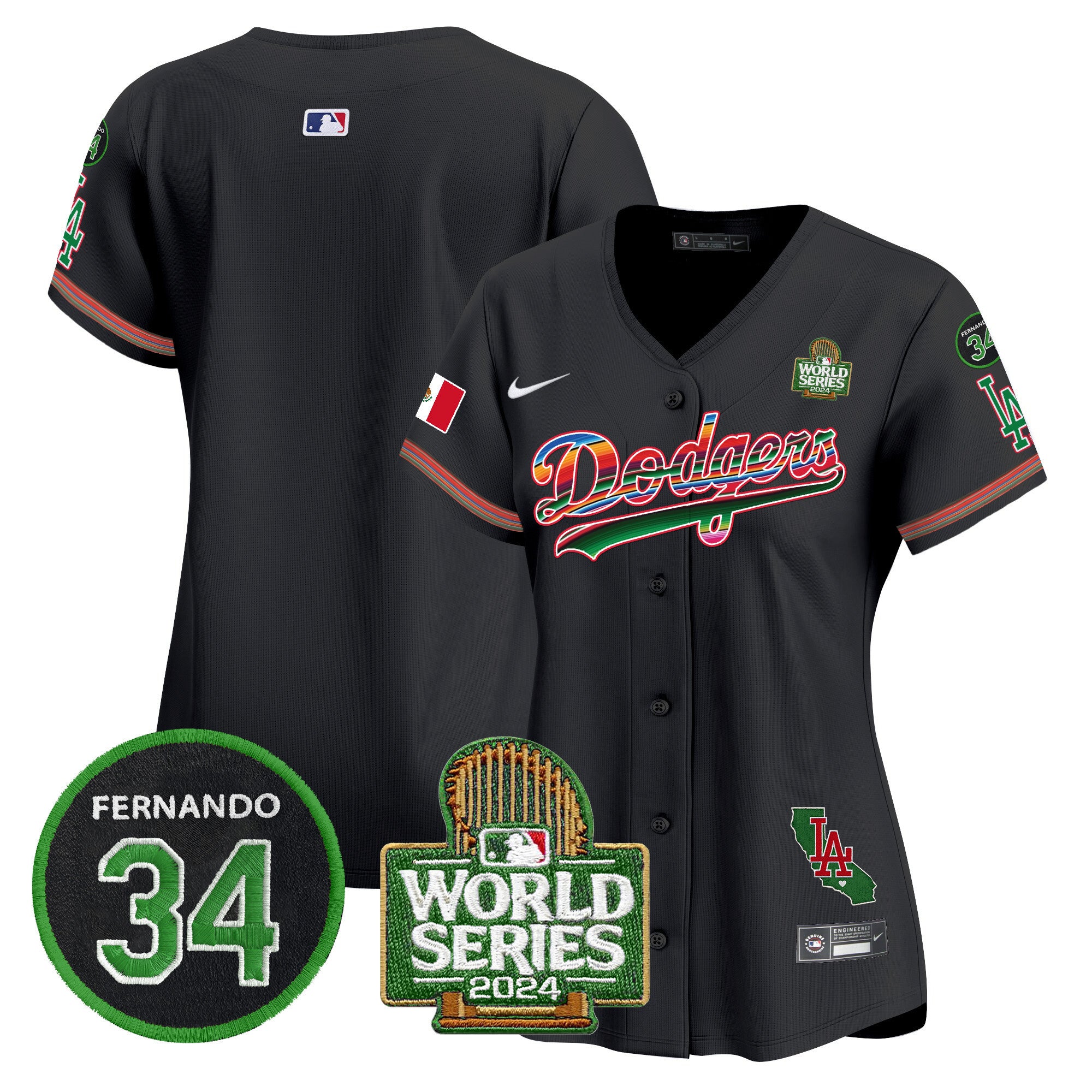 Women's Dodgers Mexico Fernando Memorial & 2024 World Series Patch Vapor Premier Limited Jersey V2 - All Stitched - Black, Team
