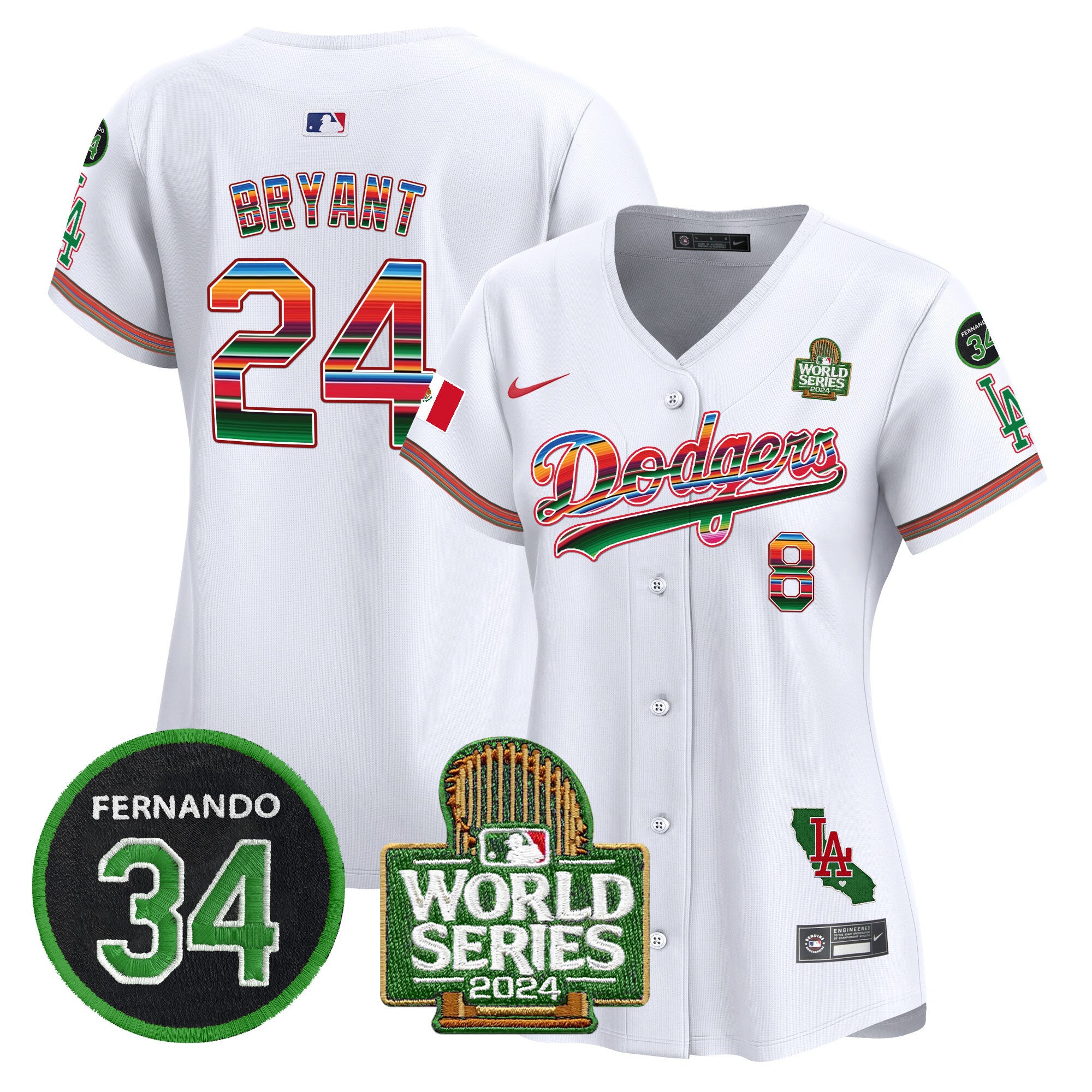 Women's Dodgers Mexico Fernando Memorial & 2024 World Series Patch Vapor Premier Limited Jersey V2 - All Stitched - White, Kobe Bryant