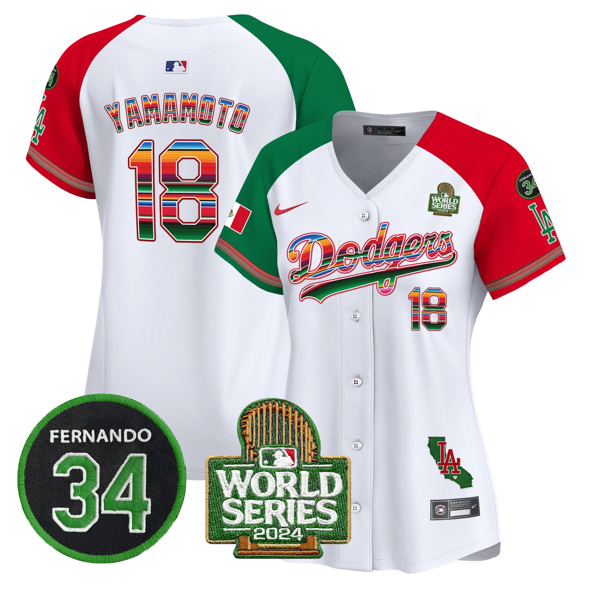 Women's Dodgers Mexico Fernando Memorial & 2024 World Series Patch Vapor Premier Limited Jersey V2 - All Stitched - Alternate, Yamamoto