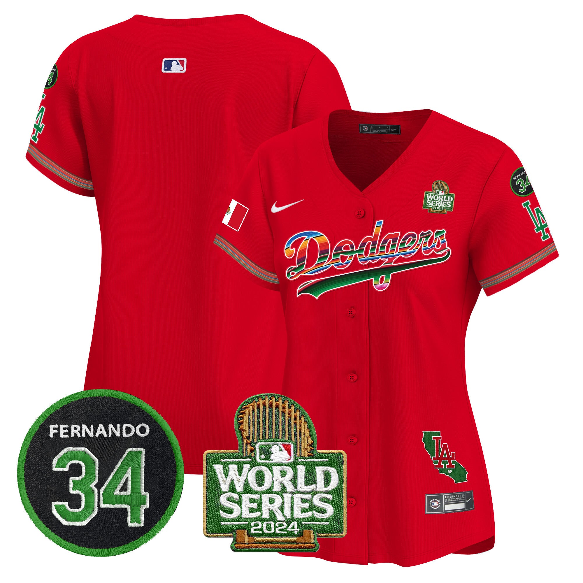 Women's Dodgers Mexico Fernando Memorial & 2024 World Series Patch Vapor Premier Limited Jersey V2 - All Stitched - Red, Team