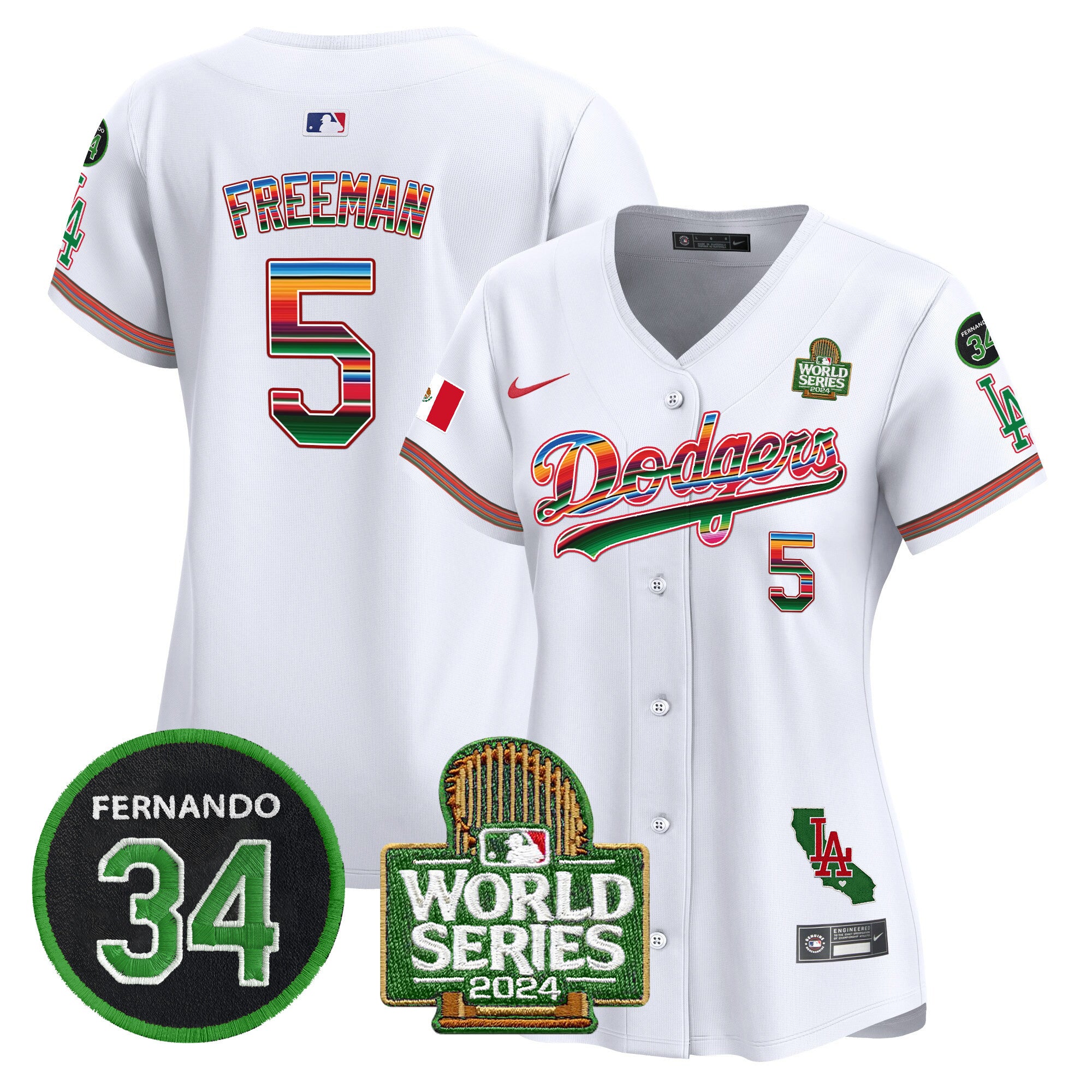 Women's Dodgers Mexico Fernando Memorial & 2024 World Series Patch Vapor Premier Limited Jersey V2 - All Stitched - White, Freddie Freeman
