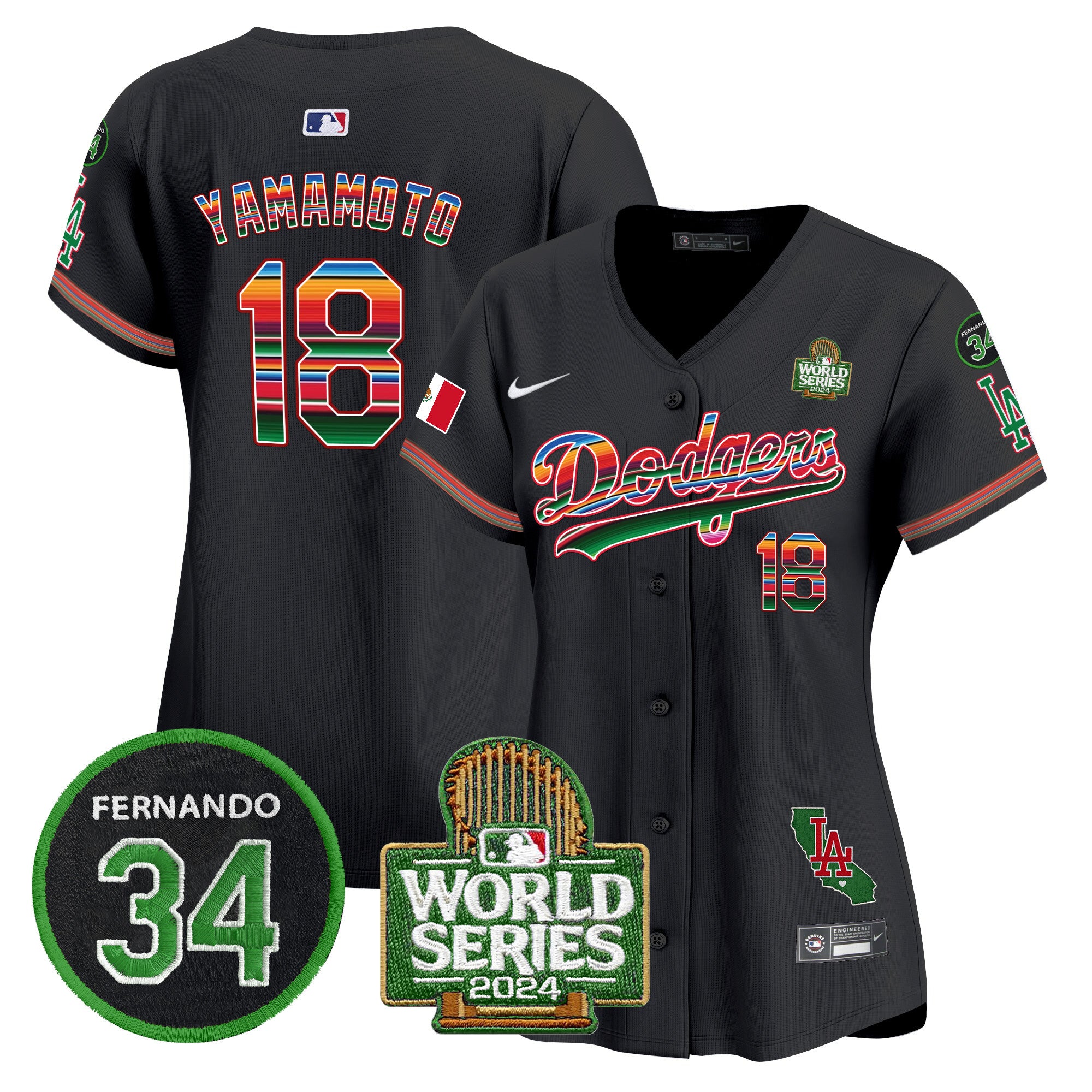 Women's Dodgers Mexico Fernando Memorial & 2024 World Series Patch Vapor Premier Limited Jersey V2 - All Stitched - Black, Yamamoto