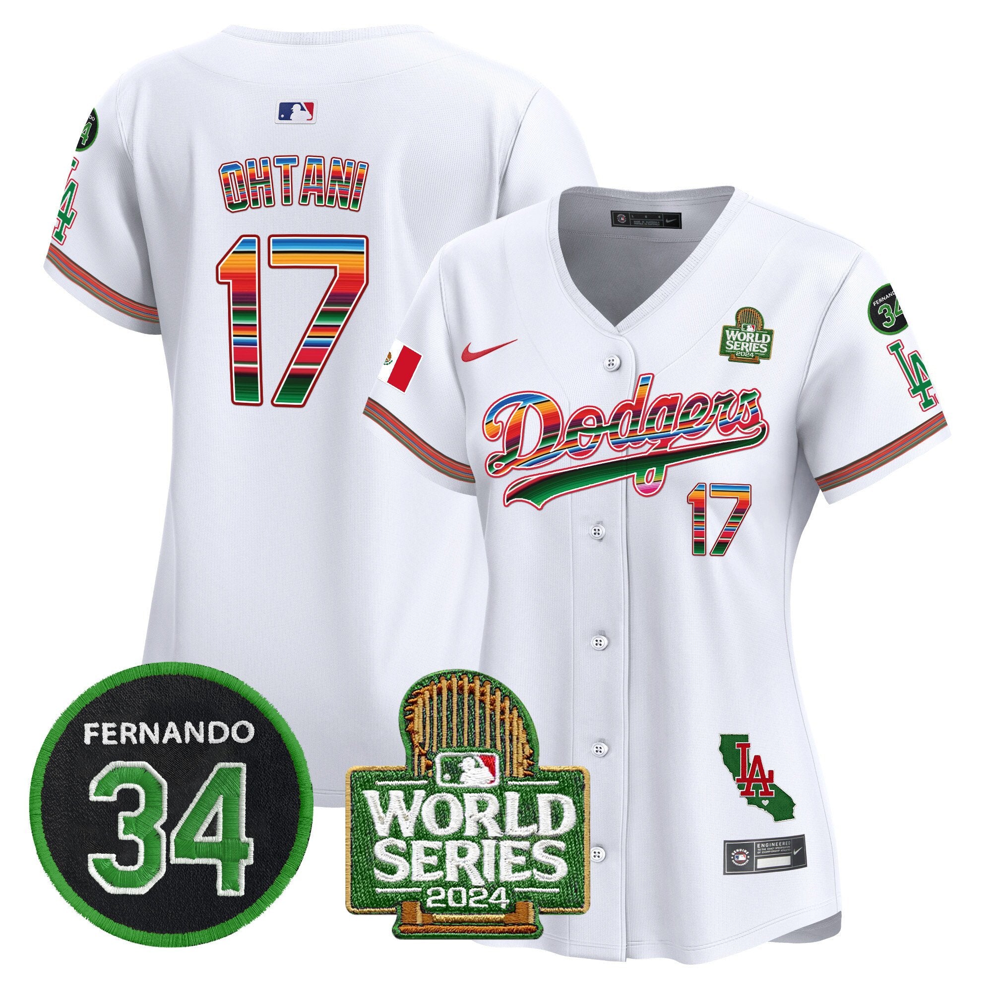 Women's Dodgers Mexico Fernando Memorial & 2024 World Series Patch Vapor Premier Limited Jersey V2 - All Stitched - White, Shohei Ohtani