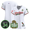 Women's Dodgers Mexico Fernando Memorial & 2024 World Series Patch Vapor Premier Limited Jersey V2 - All Stitched - White, Team