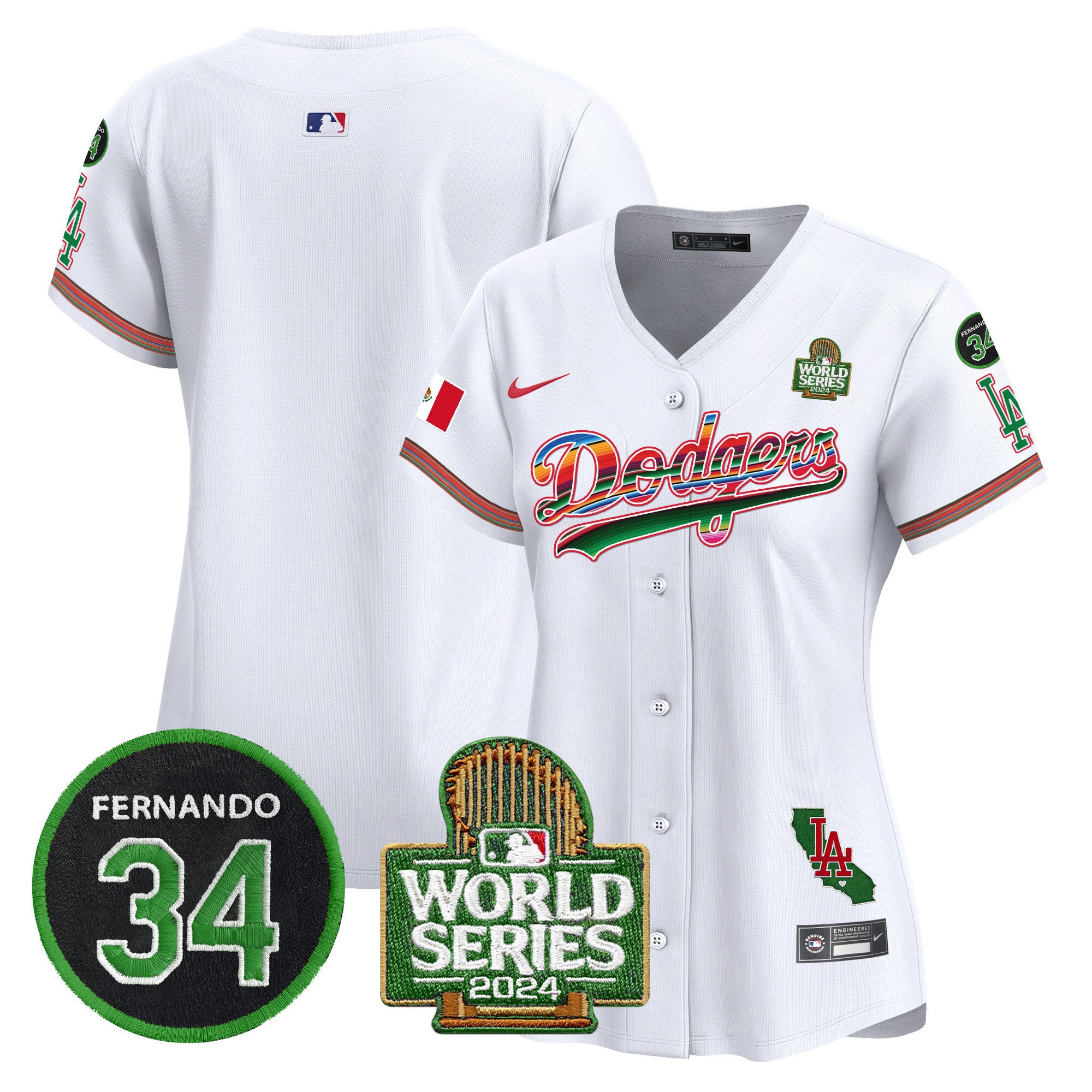 Women's Dodgers Mexico Fernando Memorial & 2024 World Series Patch Vapor Premier Limited Jersey V2 - All Stitched - White, Team