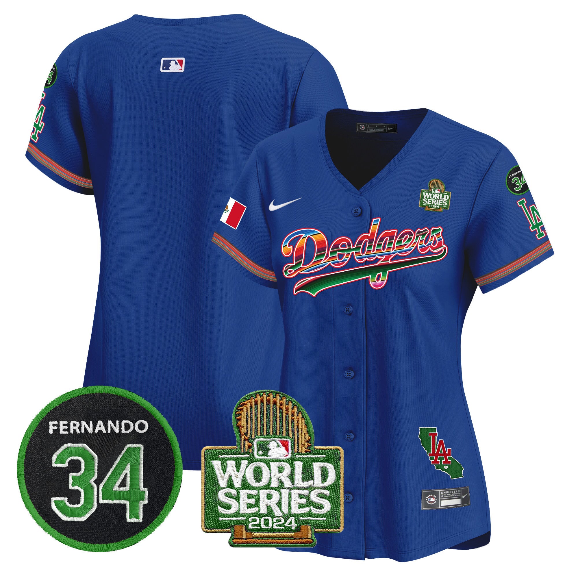 Women's Dodgers Mexico Fernando Memorial & 2024 World Series Patch Vapor Premier Limited Jersey V2 - All Stitched - Royal, Team