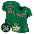Women's Dodgers Mexico Fernando Memorial & 2024 World Series Patch Vapor Premier Limited Jersey V2 - All Stitched - Green, Kike Hernandez
