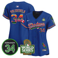 Women's Dodgers Mexico Fernando Memorial & 2024 World Series Patch Vapor Premier Limited Jersey V2 - All Stitched - Royal, Fernando Valenzuela