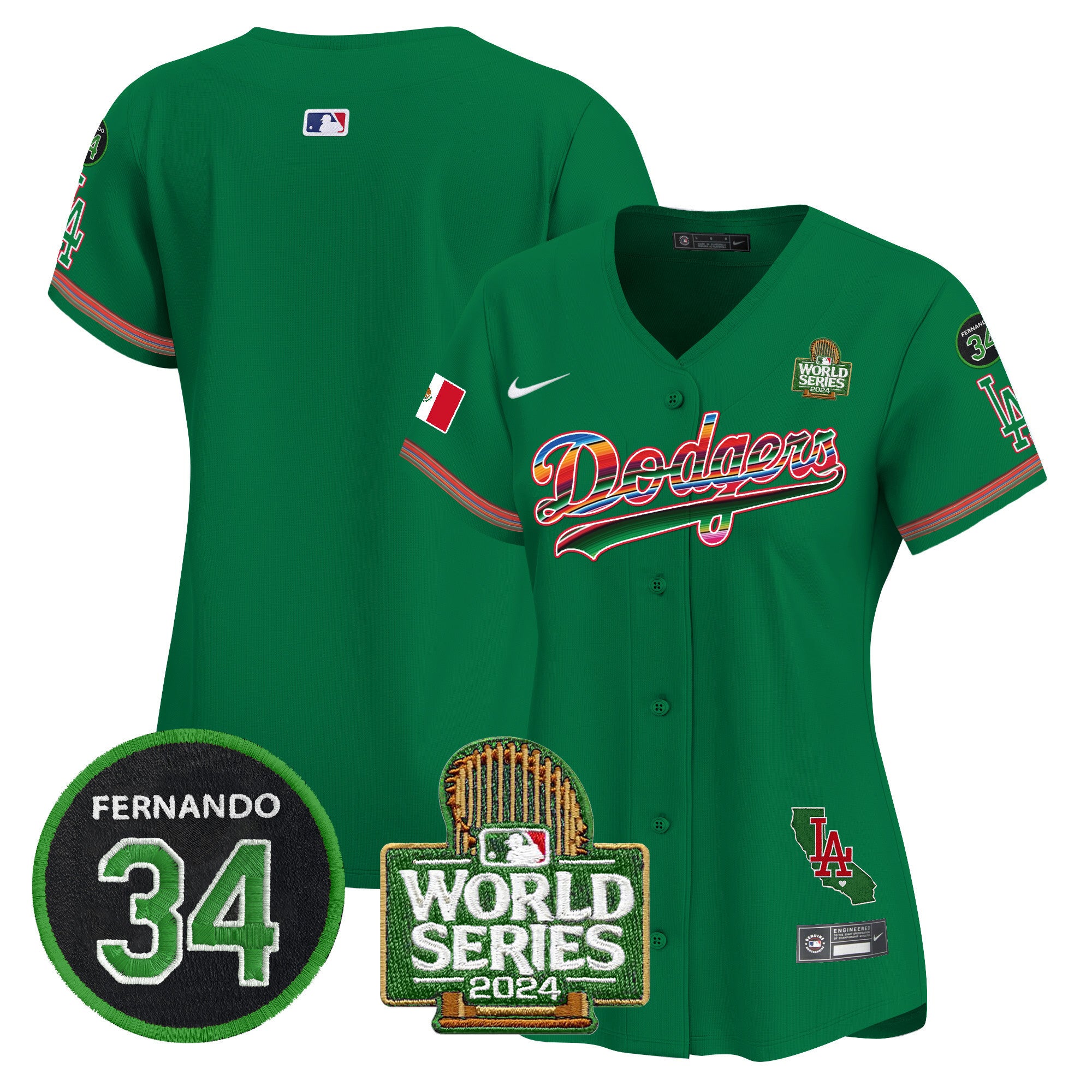 Women's Dodgers Mexico Fernando Memorial & 2024 World Series Patch Vapor Premier Limited Jersey V2 - All Stitched - Green, Team