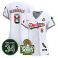 Women's Dodgers Mexico Fernando Memorial & 2024 World Series Patch Vapor Premier Limited Jersey V2 - All Stitched - White, Kike Hernandez