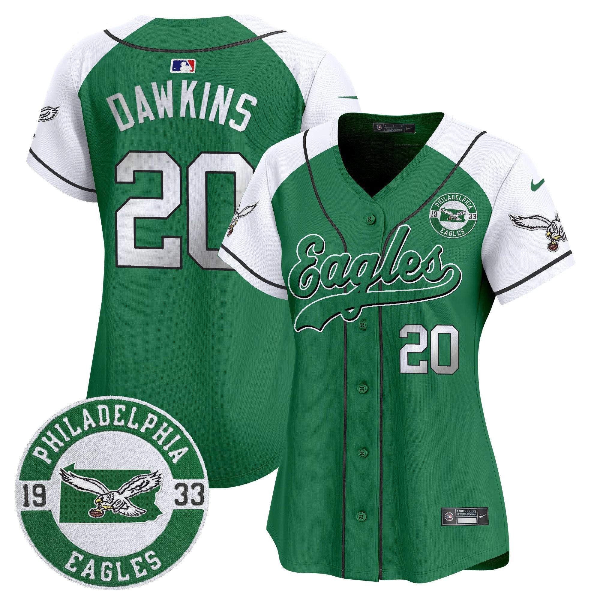 Women's Eagles Est. 1933 Patch Patch Kelly Green Vapor Baseball Jersey - All Stitched - Kelly Alternate, Brian Dawkins