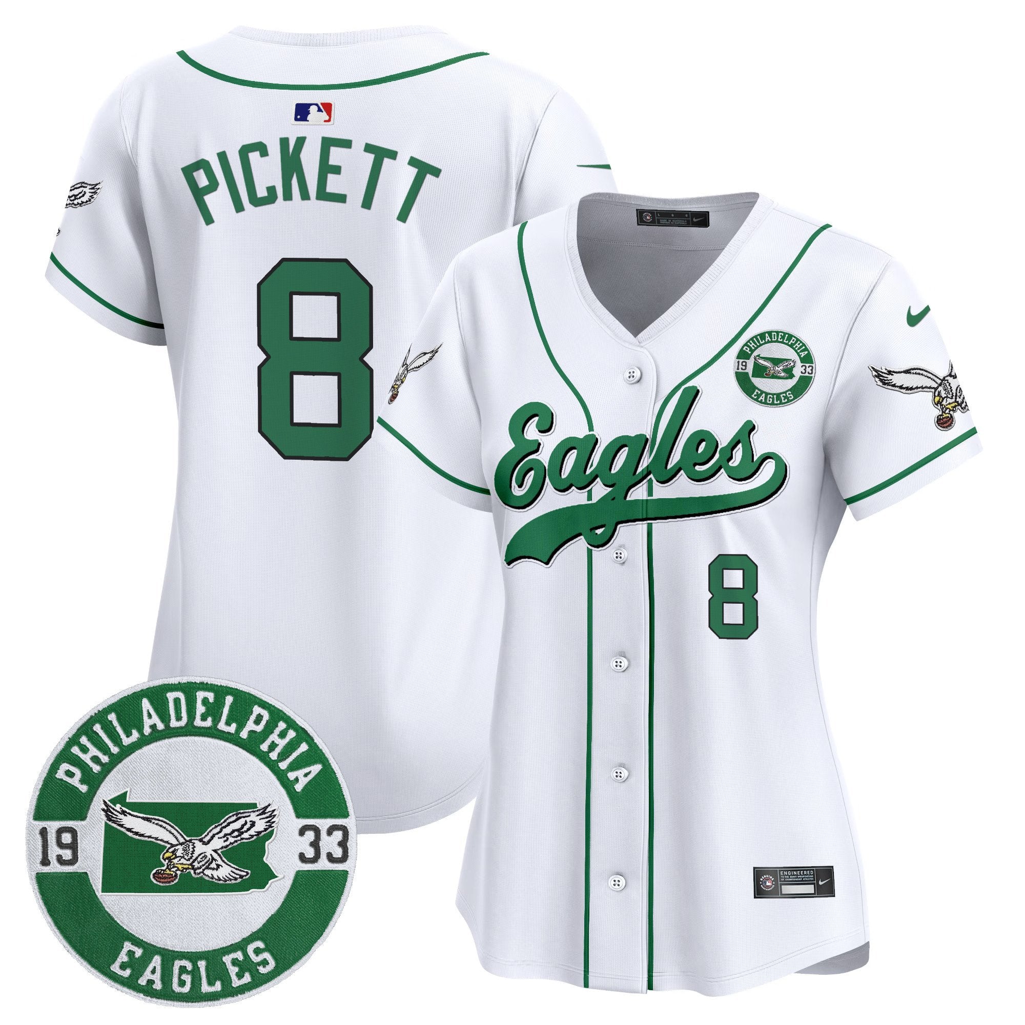 Women's Eagles Est. 1933 Patch Patch Kelly Green Vapor Baseball Jersey - All Stitched - White, Kenny Pickett