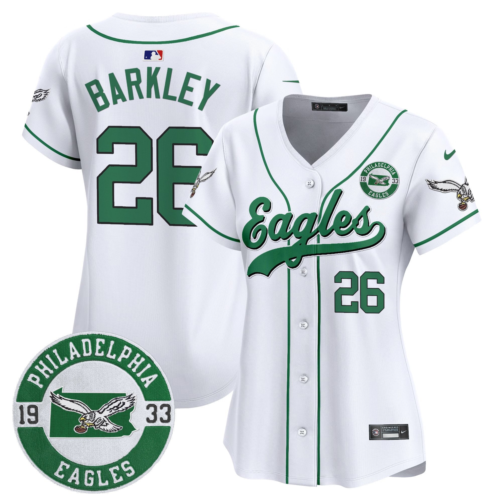 Women's Eagles Est. 1933 Patch Patch Kelly Green Vapor Baseball Jersey - All Stitched - White, Saquon Barkley
