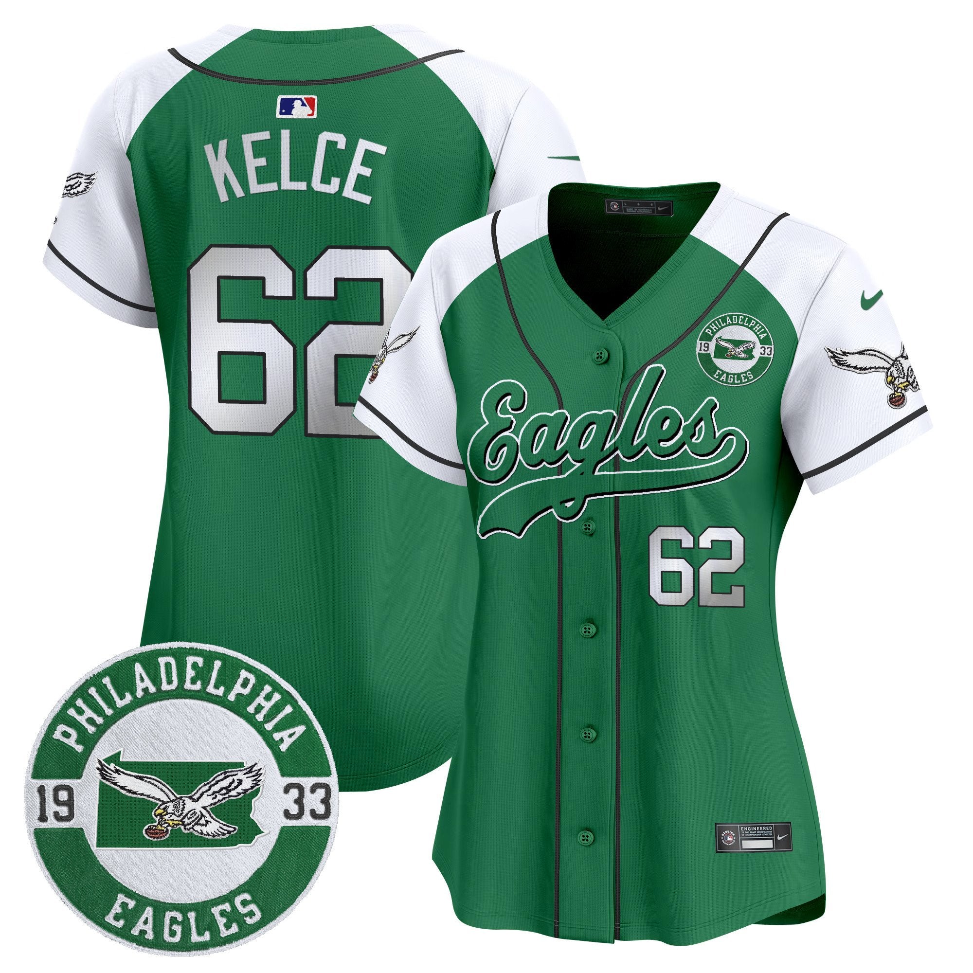 Women's Eagles Est. 1933 Patch Patch Kelly Green Vapor Baseball Jersey - All Stitched - Kelly Alternate, Jason Kelce