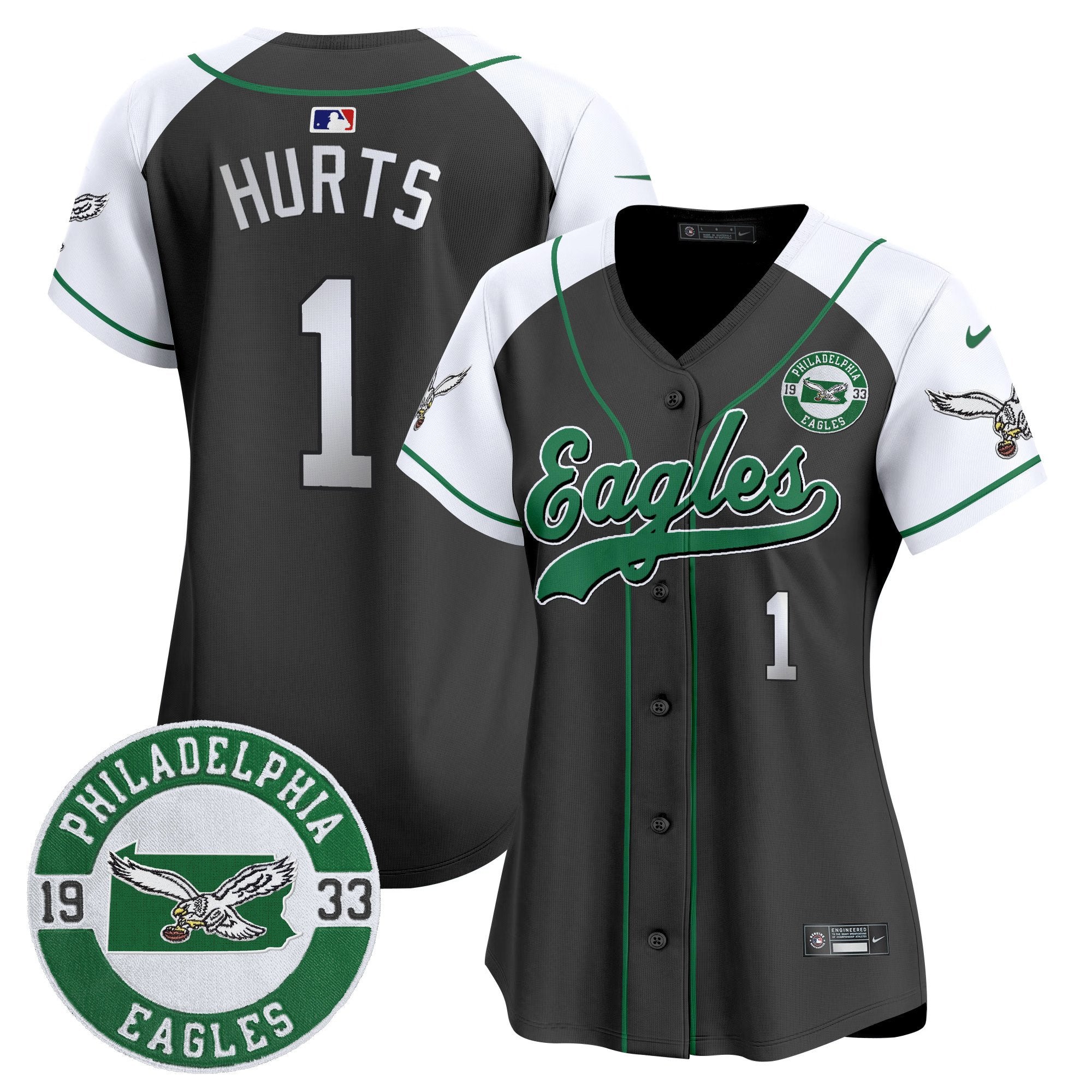 Women's Eagles Est. 1933 Patch Patch Kelly Green Vapor Baseball Jersey - All Stitched - Black Alternate, Jalen Hurts