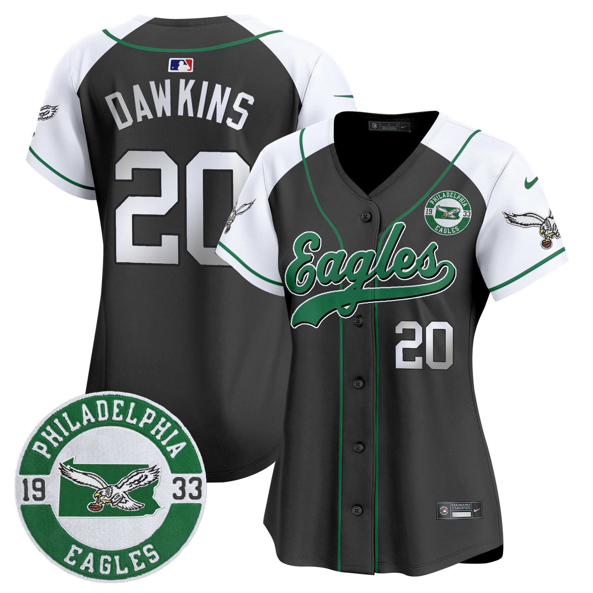 Women's Eagles Est. 1933 Patch Patch Kelly Green Vapor Baseball Jersey - All Stitched - Black Alternate, Brian Dawkins