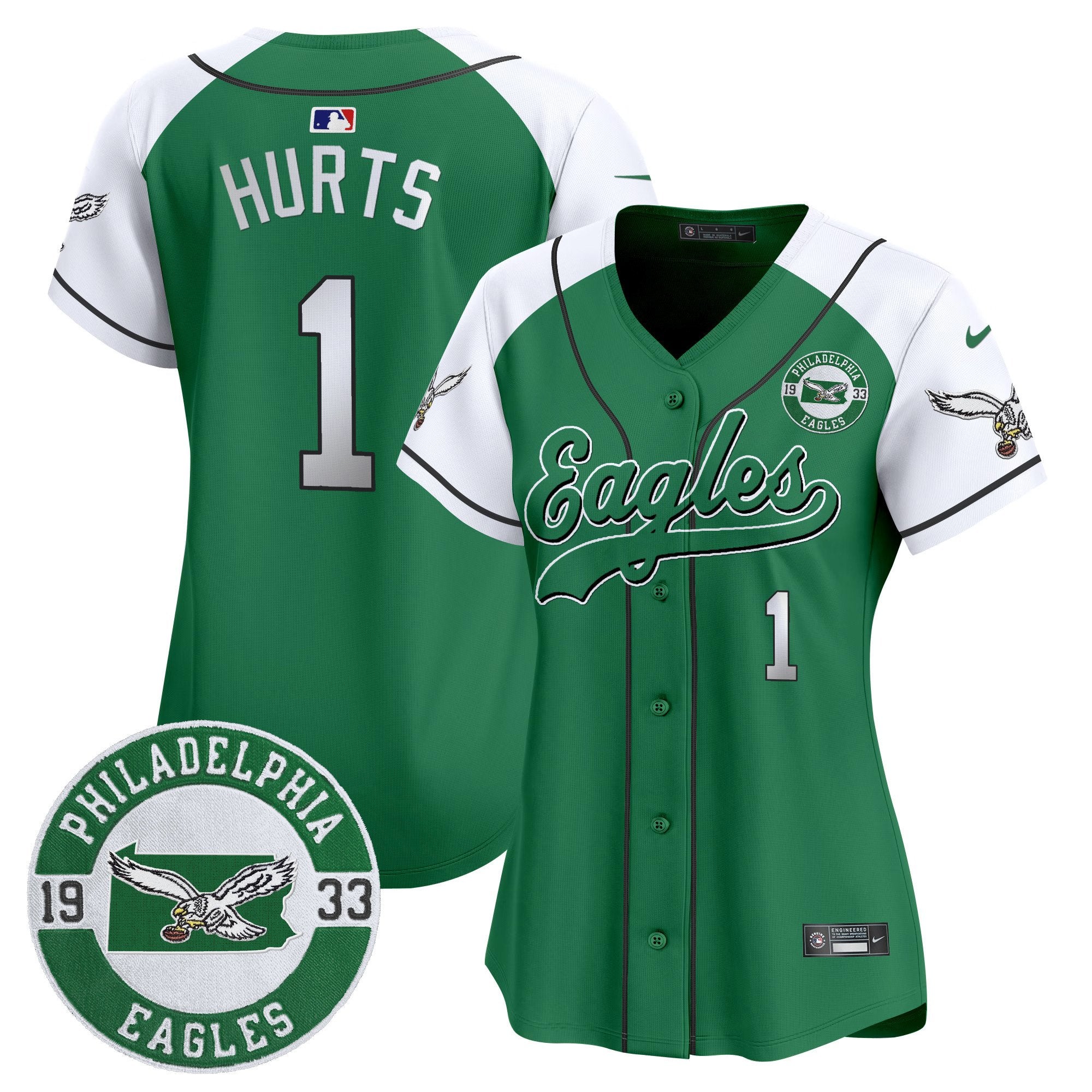 Women's Eagles Est. 1933 Patch Patch Kelly Green Vapor Baseball Jersey - All Stitched - Kelly Alternate, Jalen Hurts