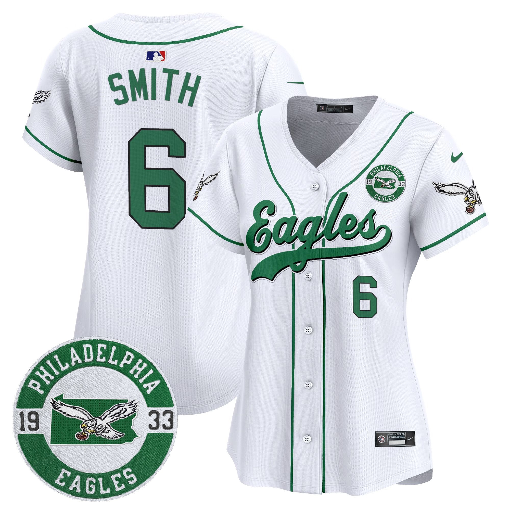 Women's Eagles Est. 1933 Patch Patch Kelly Green Vapor Baseball Jersey - All Stitched - White, Devonta Smith