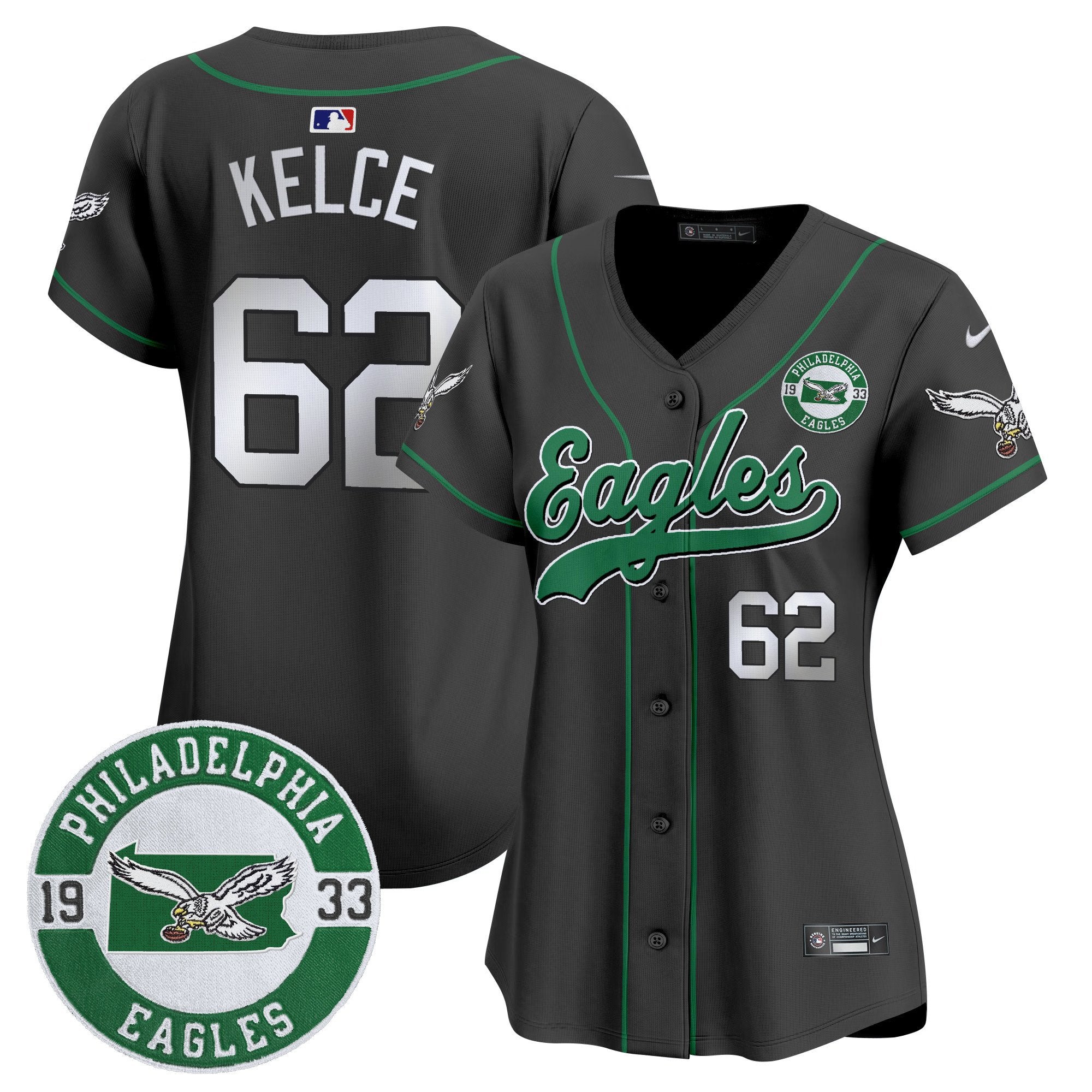 Women's Eagles Est. 1933 Patch Patch Kelly Green Vapor Baseball Jersey - All Stitched - Black, Jason Kelce