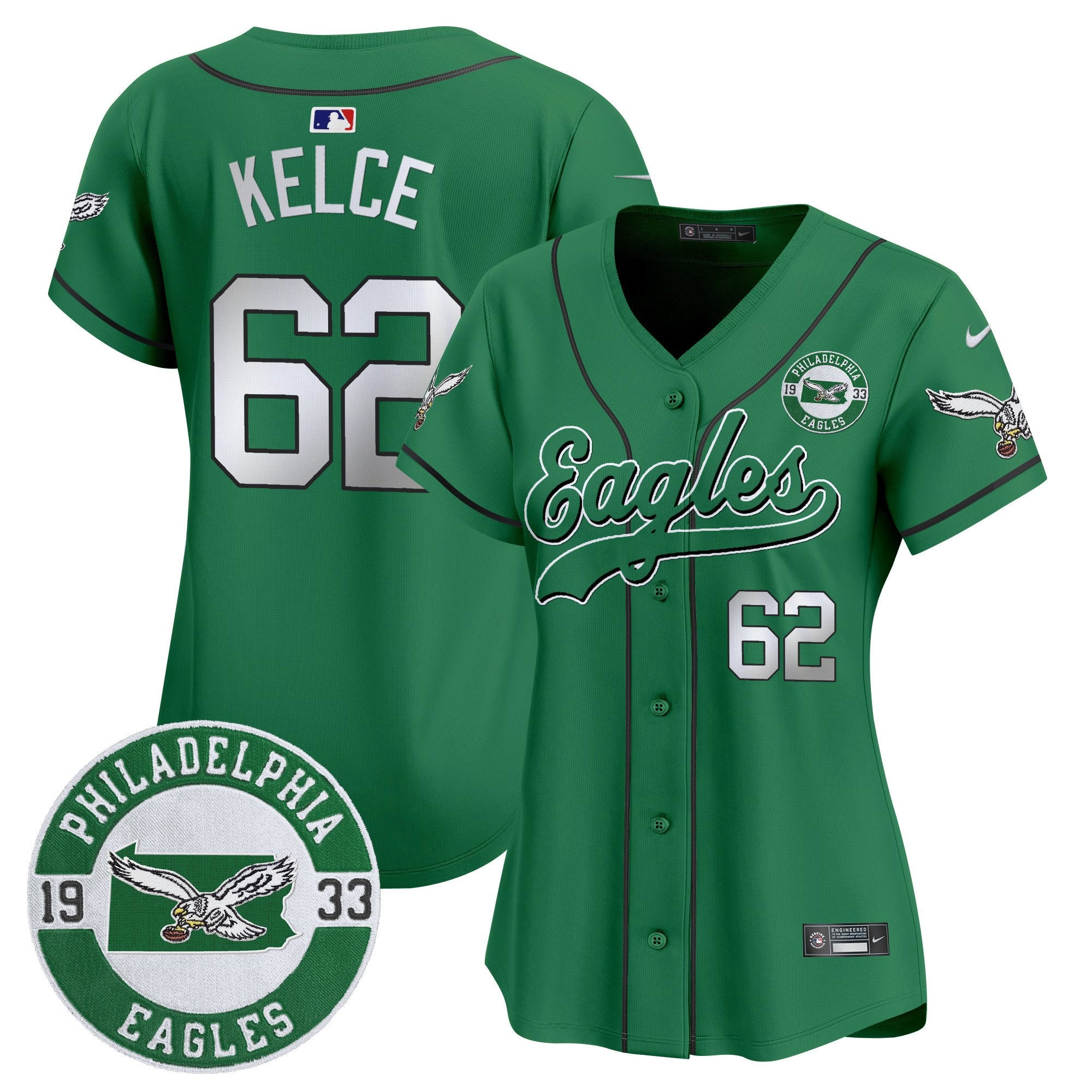 Women's Eagles Est. 1933 Patch Patch Kelly Green Vapor Baseball Jersey - All Stitched - Kelly, Jason Kelce