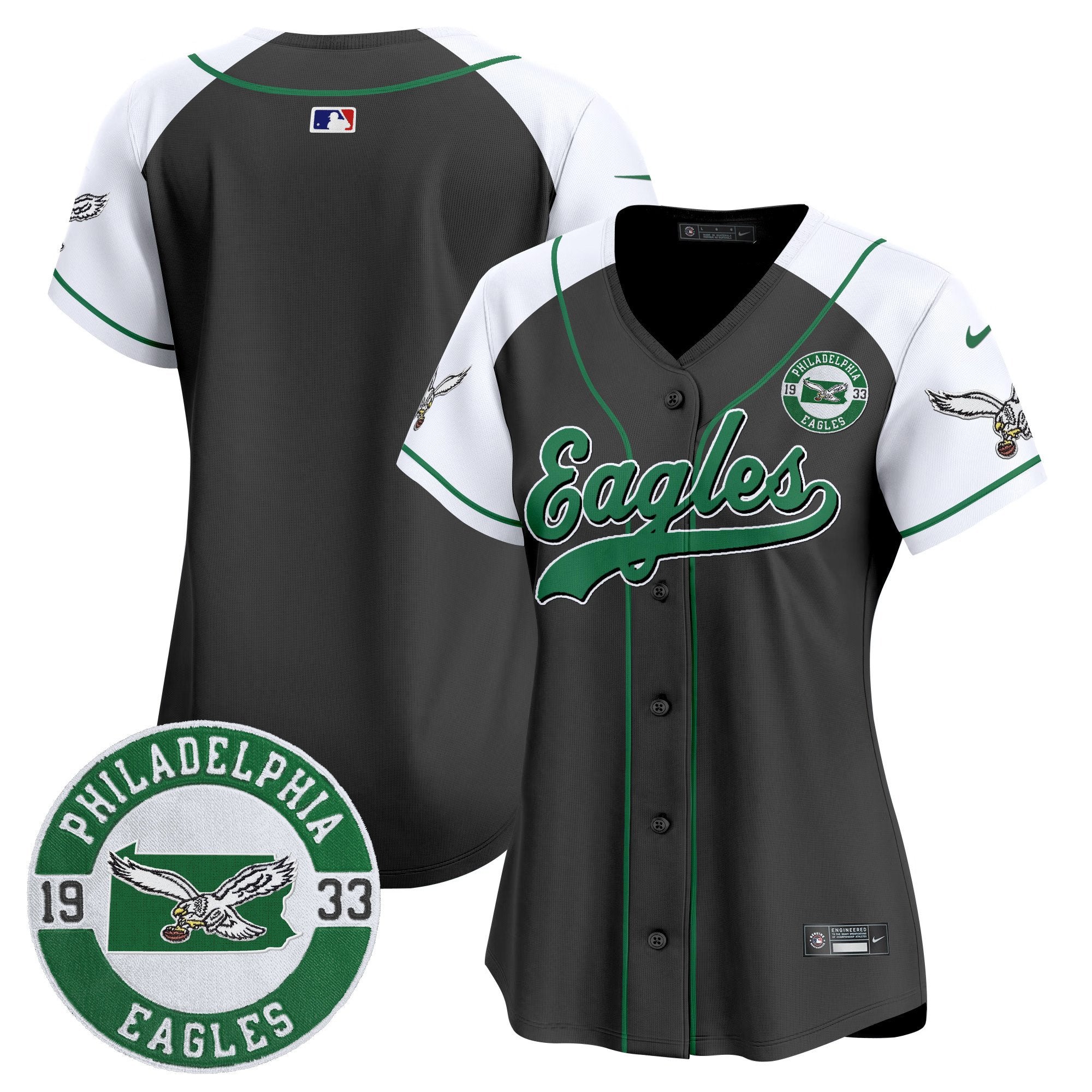 Women's Eagles Est. 1933 Patch Patch Kelly Green Vapor Baseball Jersey - All Stitched - Black Alternate, Team