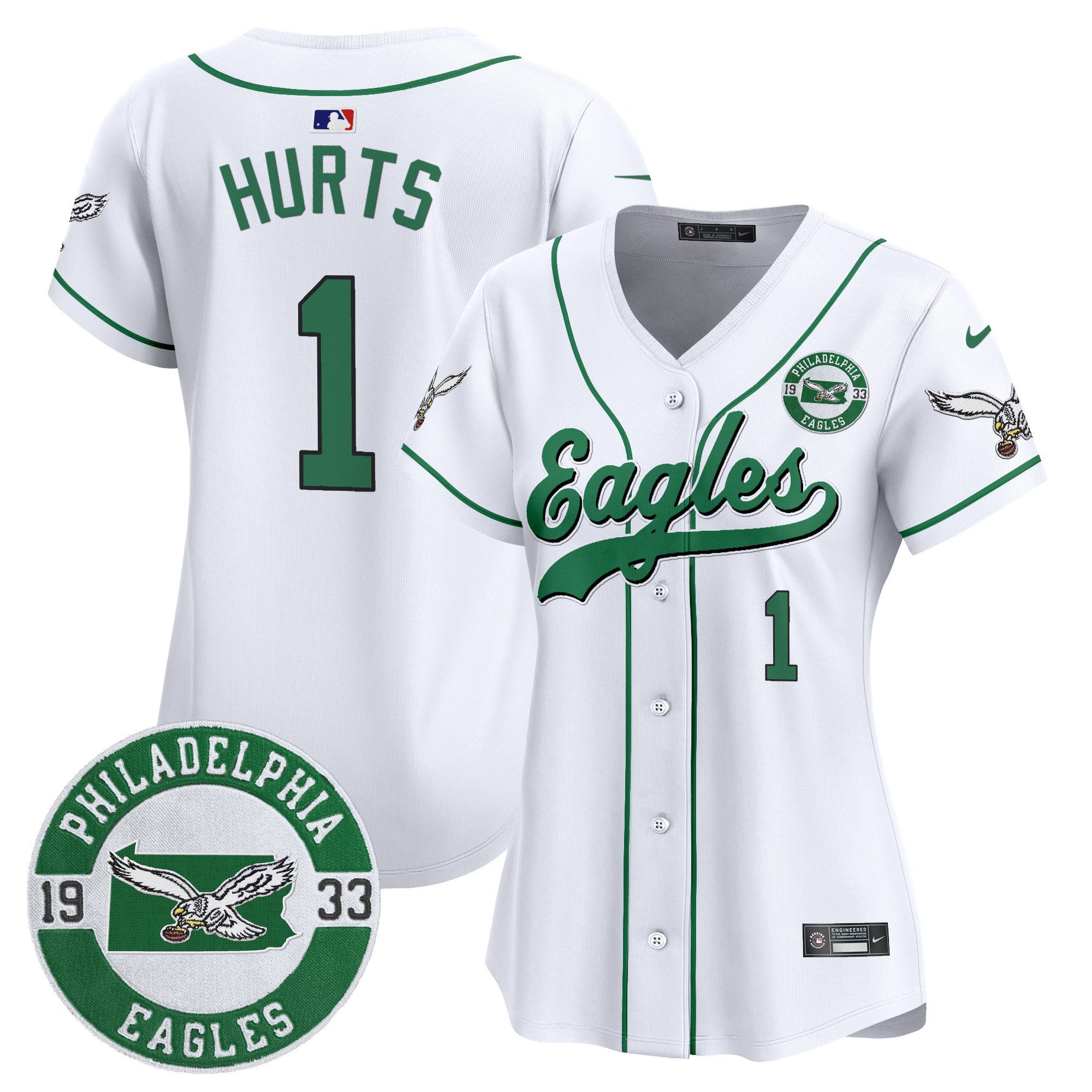 Women's Eagles Est. 1933 Patch Patch Kelly Green Vapor Baseball Jersey - All Stitched - White, Jalen Hurts