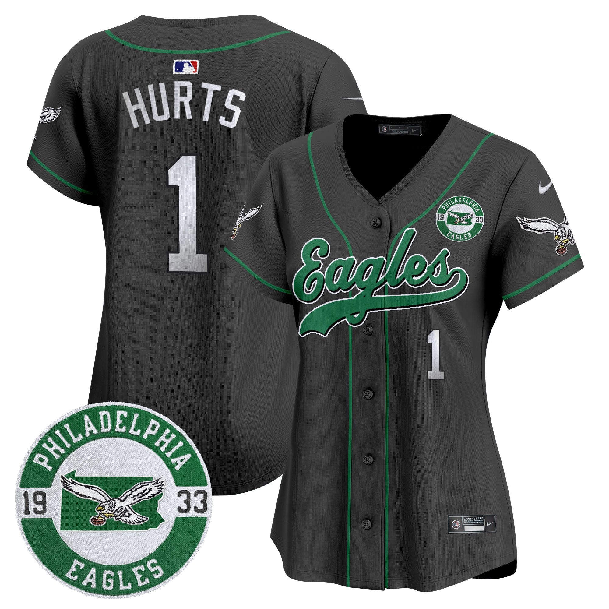Women's Eagles Est. 1933 Patch Patch Kelly Green Vapor Baseball Jersey - All Stitched - Black, Jalen Hurts