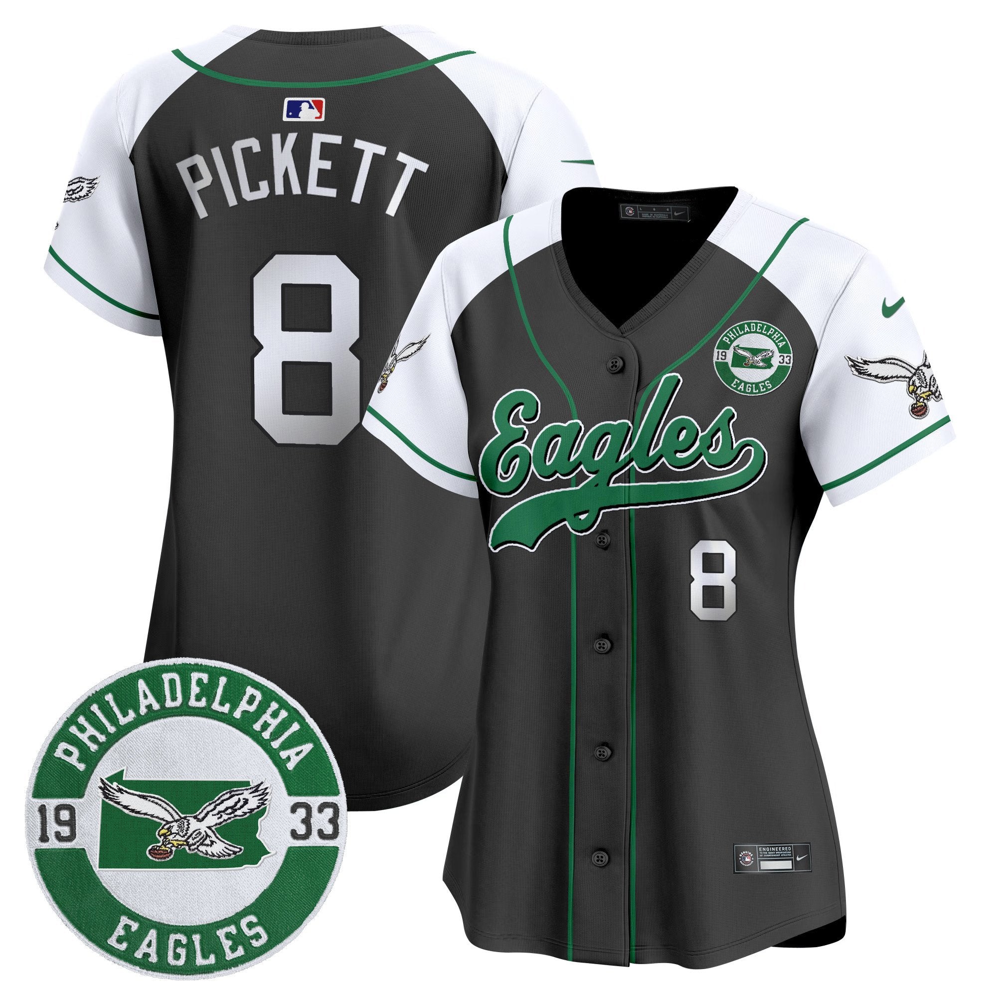 Women's Eagles Est. 1933 Patch Patch Kelly Green Vapor Baseball Jersey - All Stitched - Black Alternate, Kenny Pickett