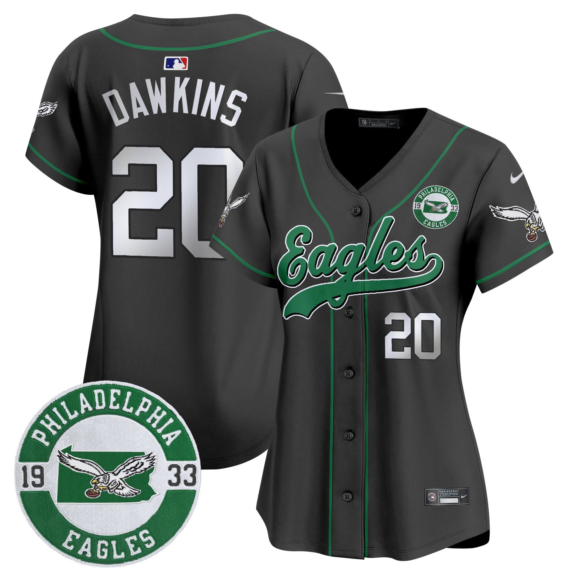 Women's Eagles Est. 1933 Patch Patch Kelly Green Vapor Baseball Jersey - All Stitched - Black, Brian Dawkins
