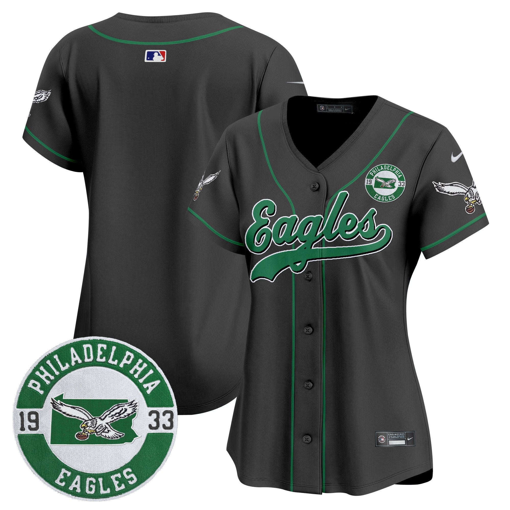 Women's Eagles Est. 1933 Patch Patch Kelly Green Vapor Baseball Jersey - All Stitched - Black, Team