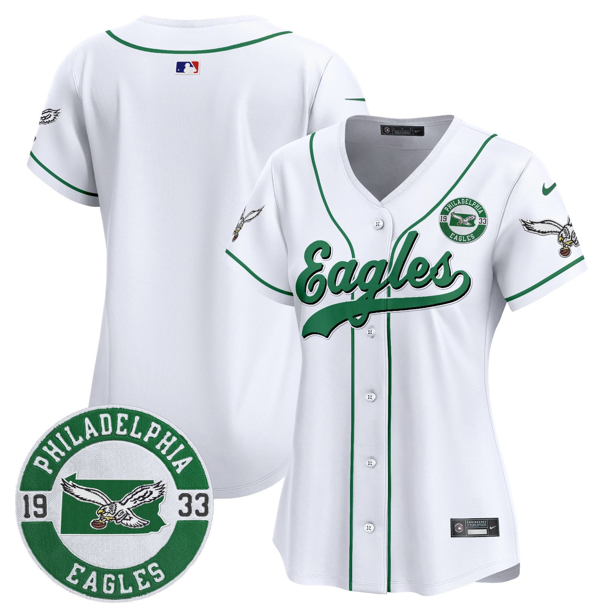 Women's Eagles Est. 1933 Patch Patch Kelly Green Vapor Baseball Jersey - All Stitched - White, Team