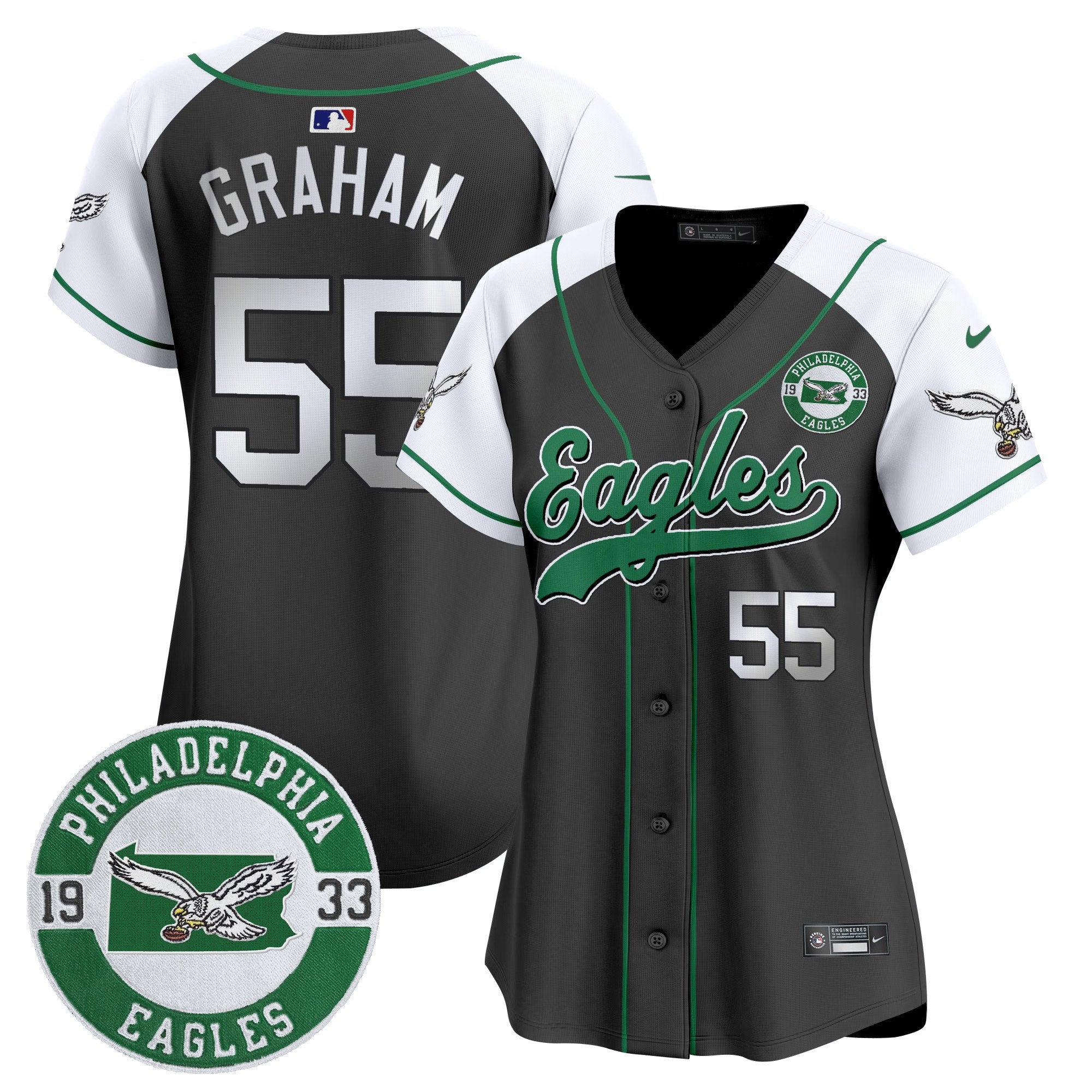 Women's Eagles Est. 1933 Patch Patch Kelly Green Vapor Baseball Jersey - All Stitched - Black Alternate, Brandon Graham