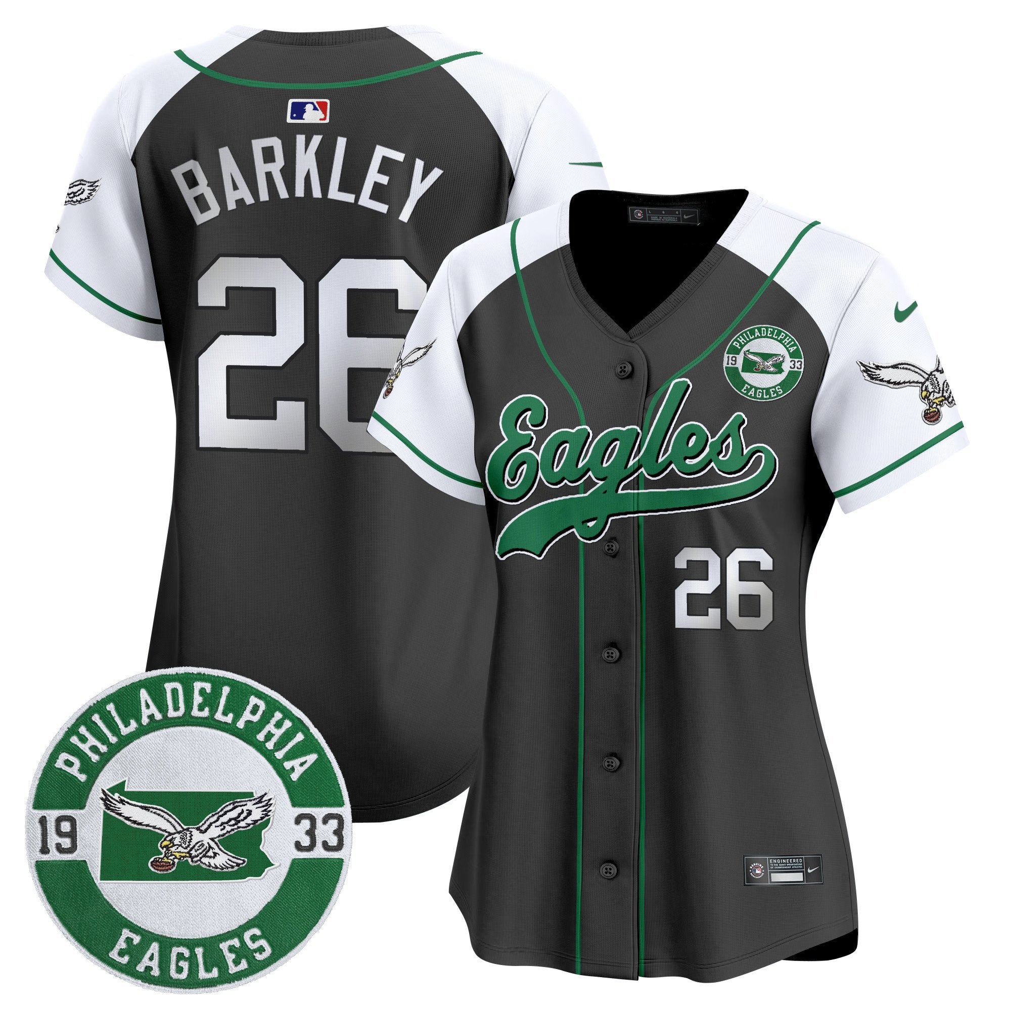 Women's Eagles Est. 1933 Patch Patch Kelly Green Vapor Baseball Jersey - All Stitched - Black Alternate, Saquon Barkley