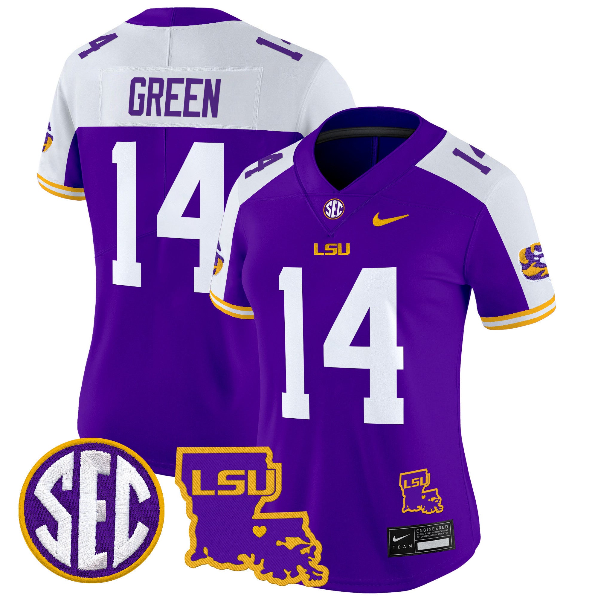 Women's LSU Tigers 2024 Louisiana Patch Vapor Limited Jersey - All Stitched - Purple Alternate, Trey'Dez Green
