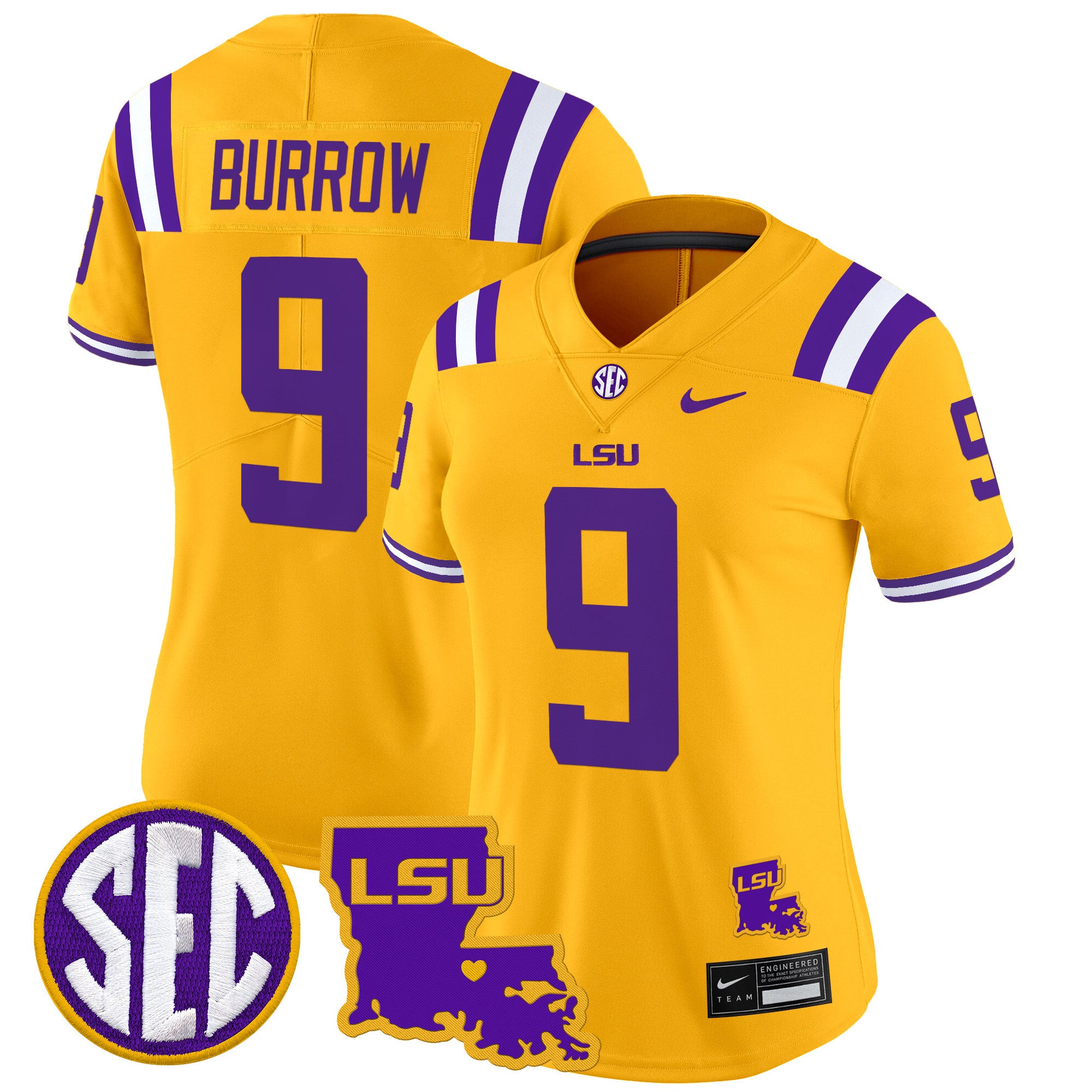 Women's LSU Tigers 2024 Louisiana Patch Vapor Limited Jersey - All Stitched - Gold, Joe Burrow