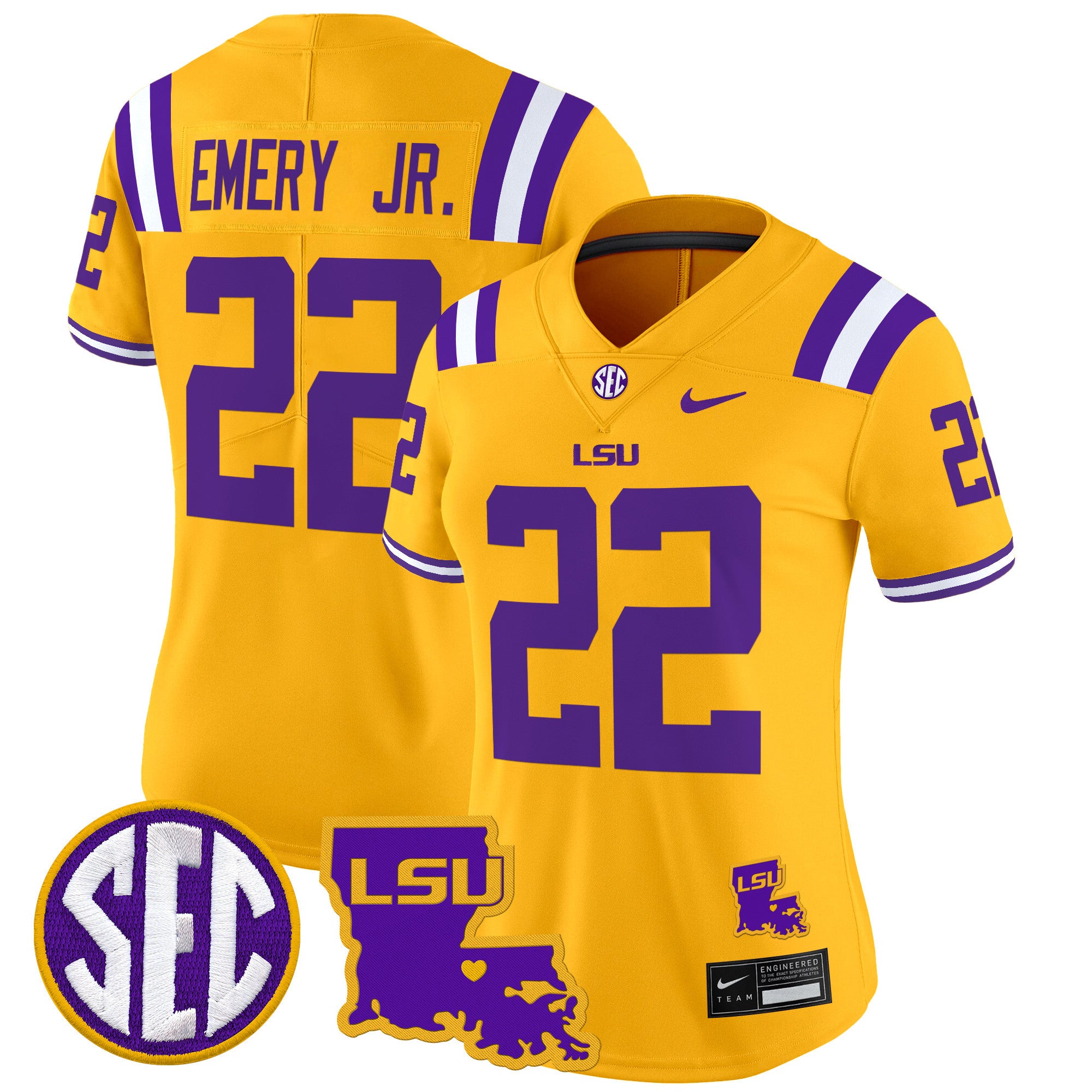 Women's LSU Tigers 2024 Louisiana Patch Vapor Limited Jersey - All Stitched - Gold, John Emery Jr.