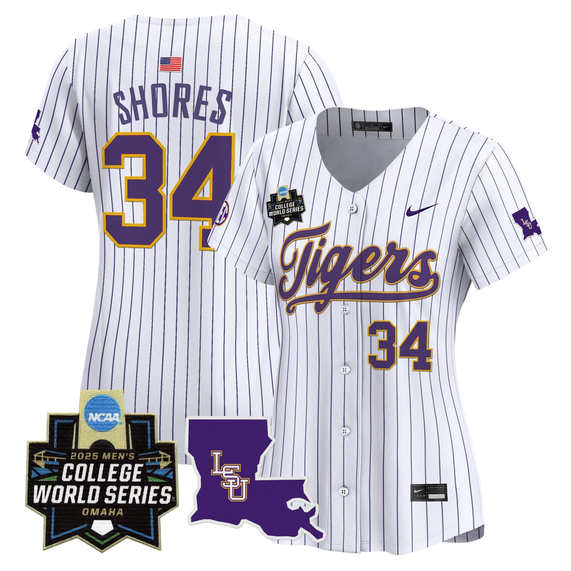 Women's LSU Tigers 2025 World Series Vapor Premier Limited Jersey - All Stitched - Pinstripe, Chase Shores