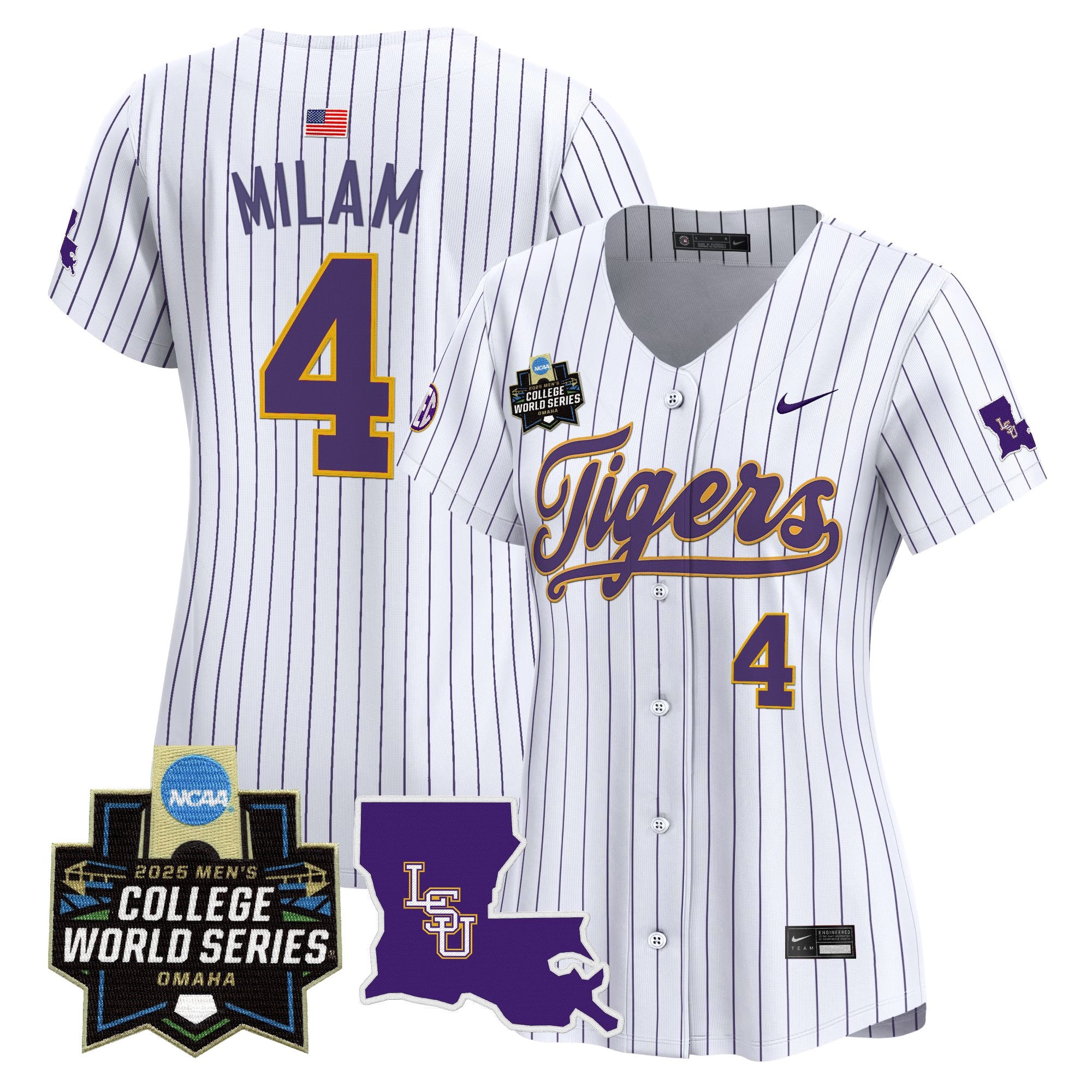 Women's LSU Tigers 2025 World Series Vapor Premier Limited Jersey - All Stitched - Pinstripe, Steven Milam