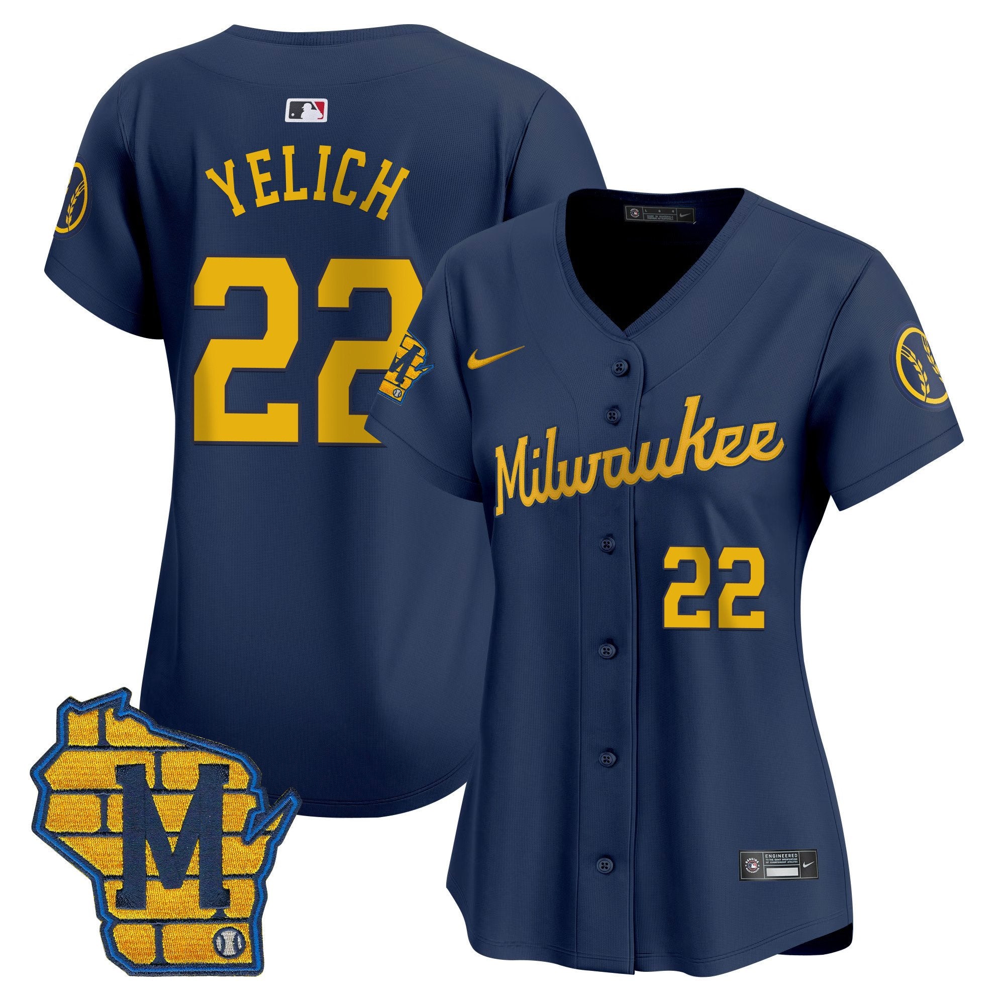 Women's Milwaukee Brewers Home Patch Vapor Premier Limited Jersey - All Stitched - Navy, Christian Yelich