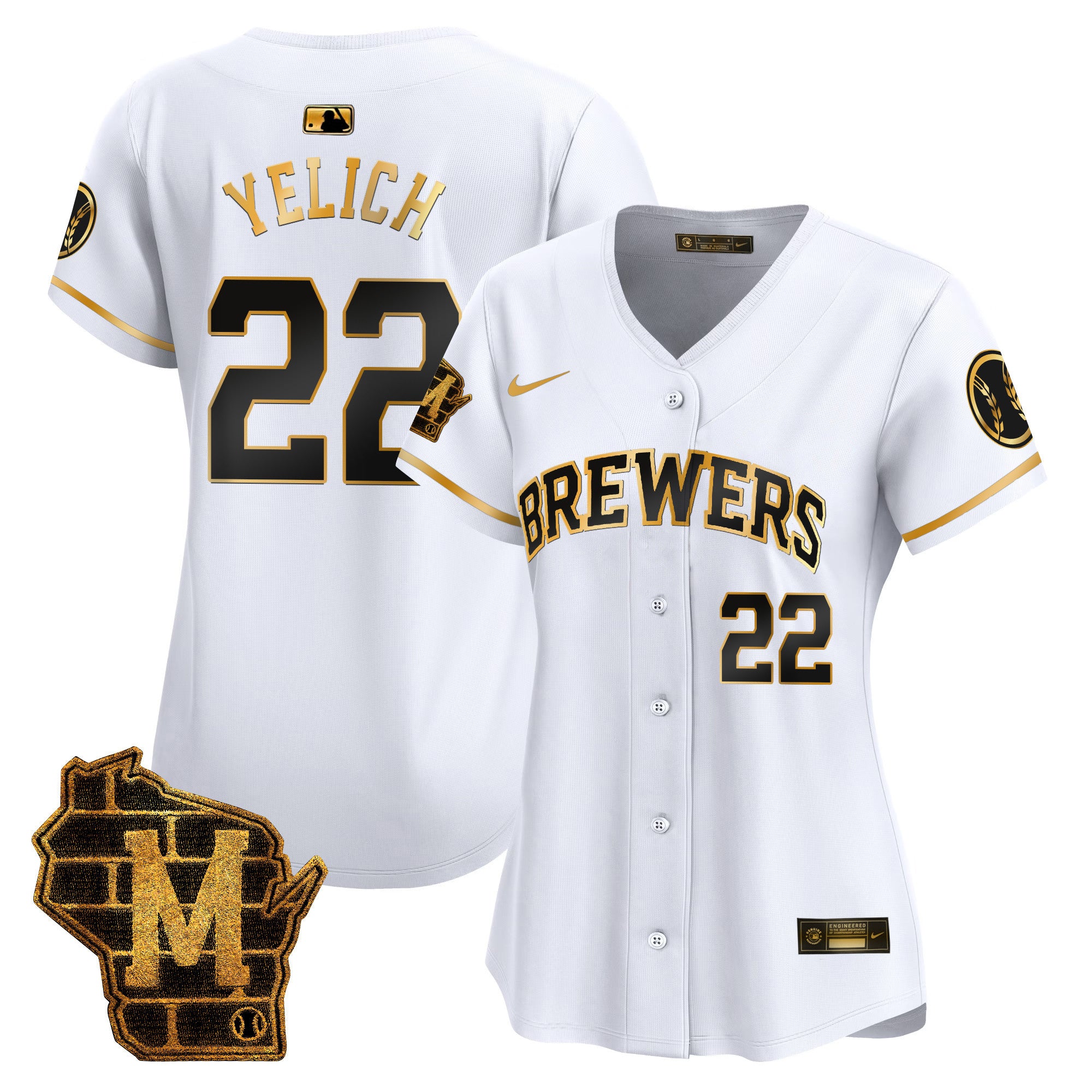 Women's Milwaukee Brewers Home Patch Vapor Premier Limited Jersey - All Stitched - White Gold, Christian Yelich