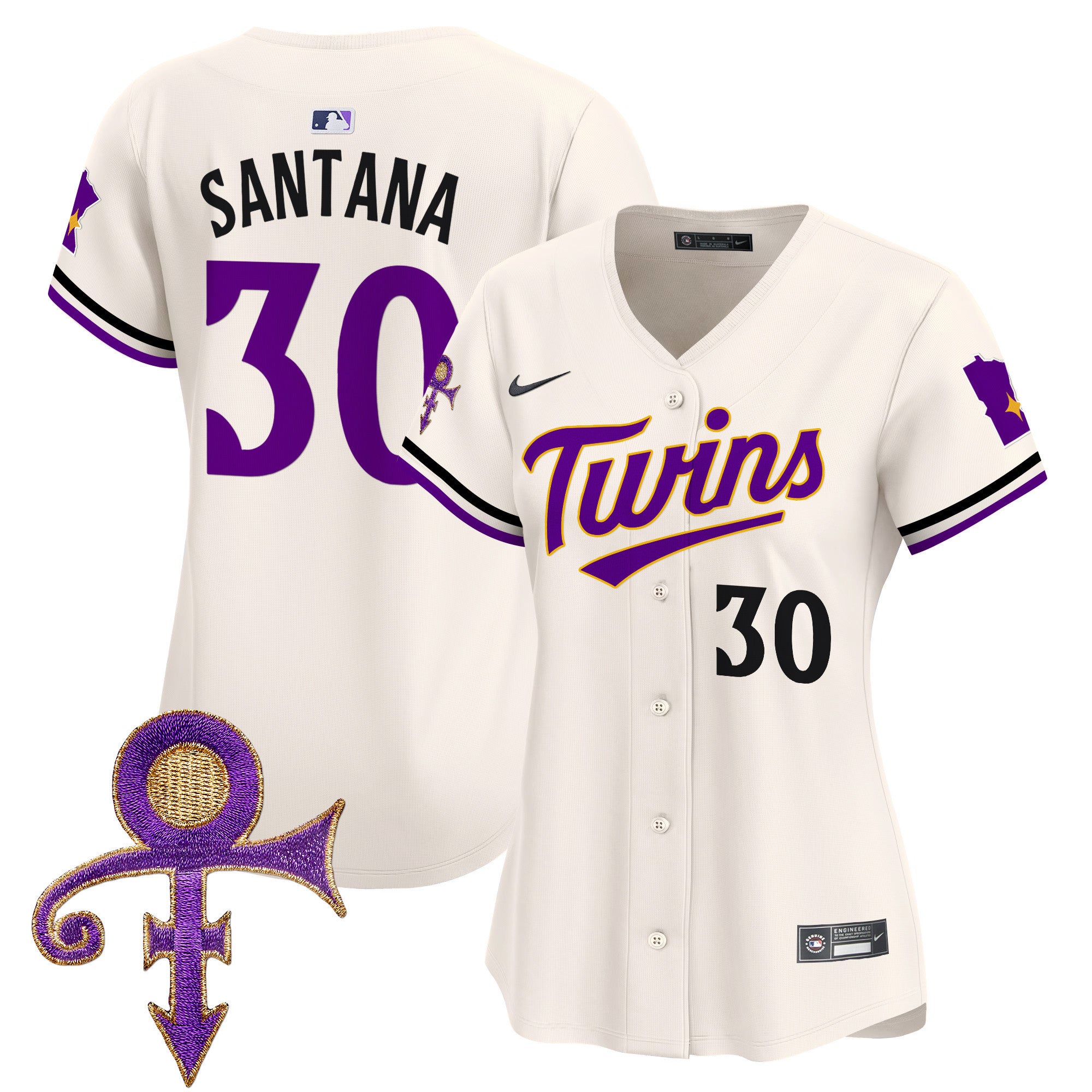 Women's Minnesota Twins Prince Patch Vapor Premier Limited Jersey V3 - All Stitched - Cream, Carlos Santana