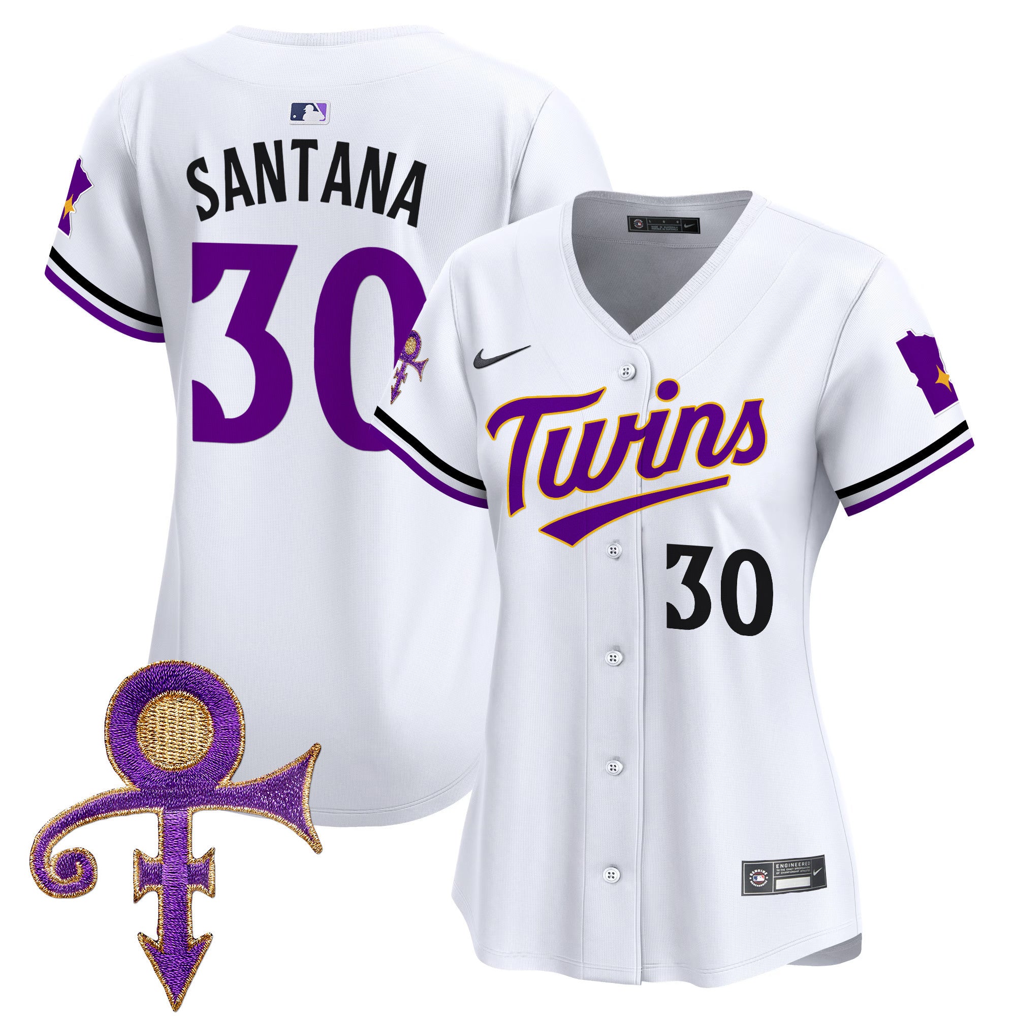 Women's Minnesota Twins Prince Patch Vapor Premier Limited Jersey V3 - All Stitched - White, Carlos Santana