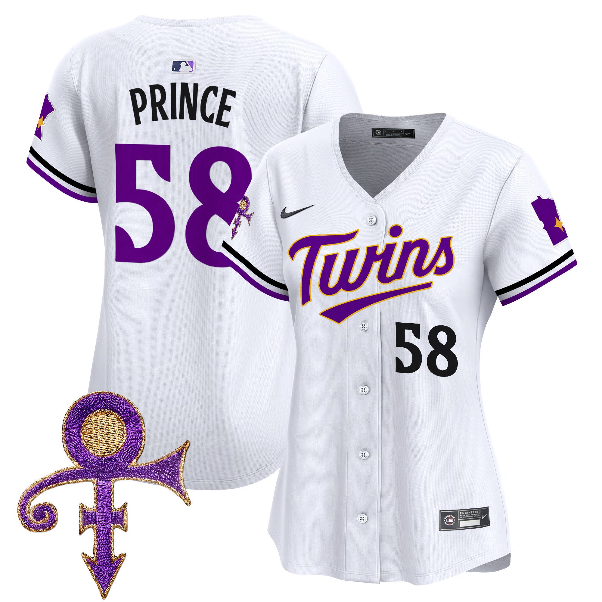 Women's Minnesota Twins Prince Patch Vapor Premier Limited Jersey V3 - All Stitched - White, Prince 1958