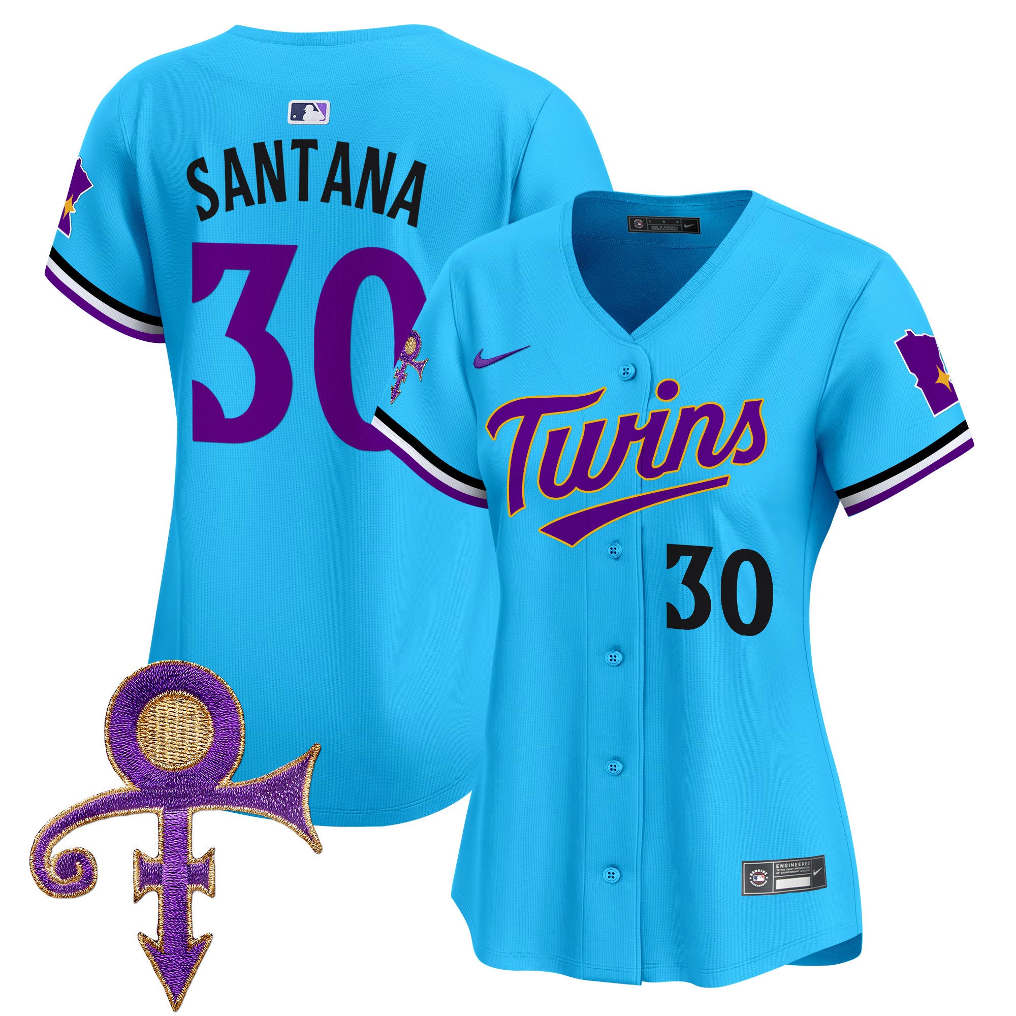 Women's Minnesota Twins Prince Patch Vapor Premier Limited Jersey V3 - All Stitched - Light Blue, Carlos Santana
