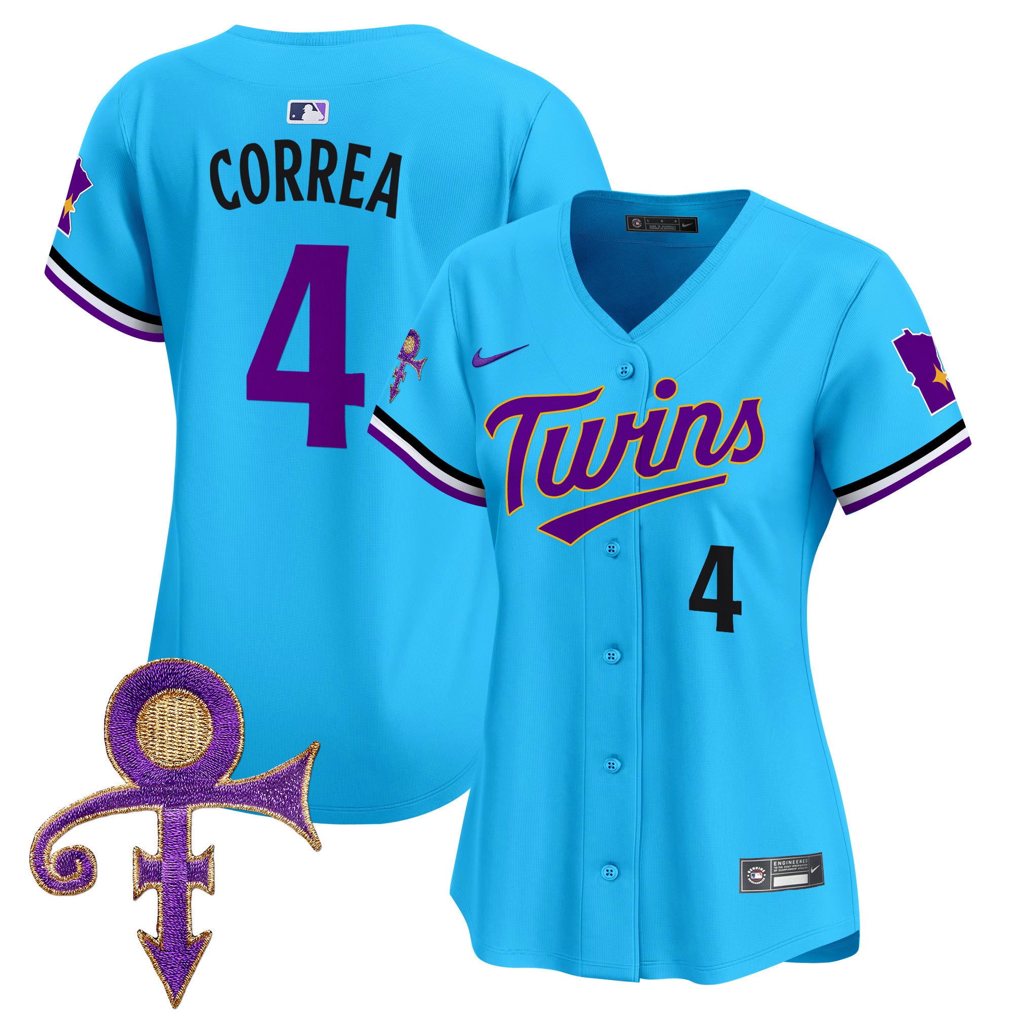 Women's Minnesota Twins Prince Patch Vapor Premier Limited Jersey V3 - All Stitched - Light Blue, Carlos Correa