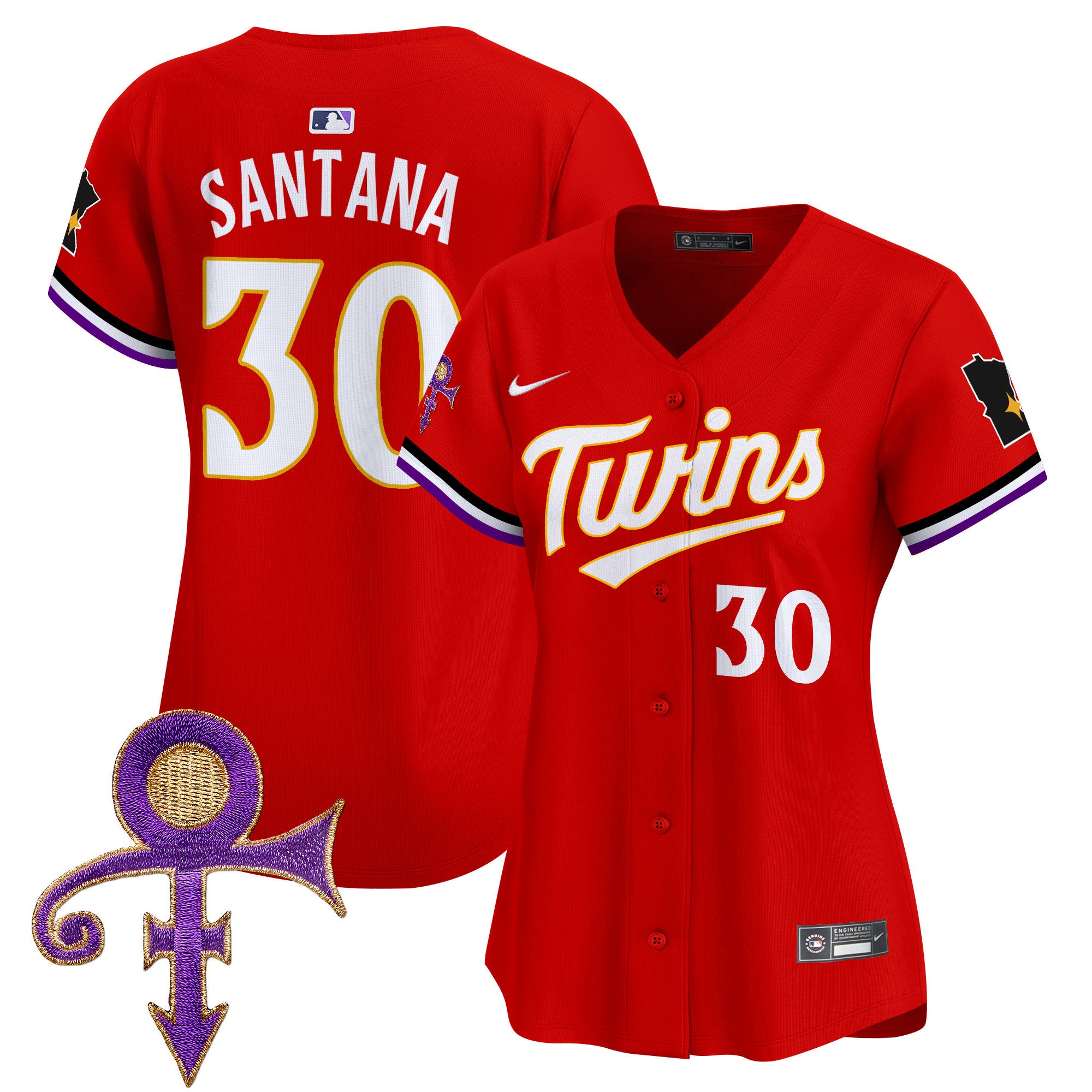 Women's Minnesota Twins Prince Patch Vapor Premier Limited Jersey V3 - All Stitched - Red, Carlos Santana